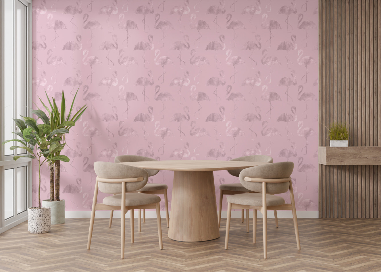 Glossy Pink Flamingo Waves Wallpaper Mural