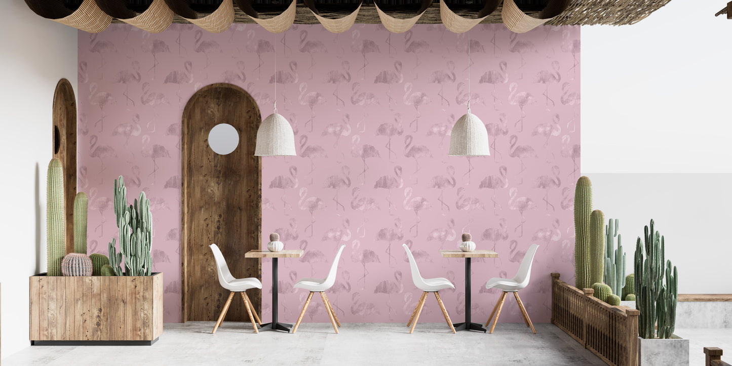 Pink Waves and Flamingos Glossy Wallpaper Mural