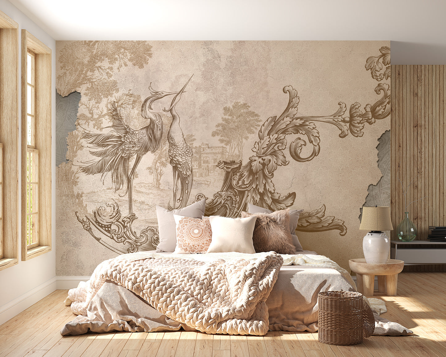 Graceful Beige Rococo Design Wall Mural for elegant walls