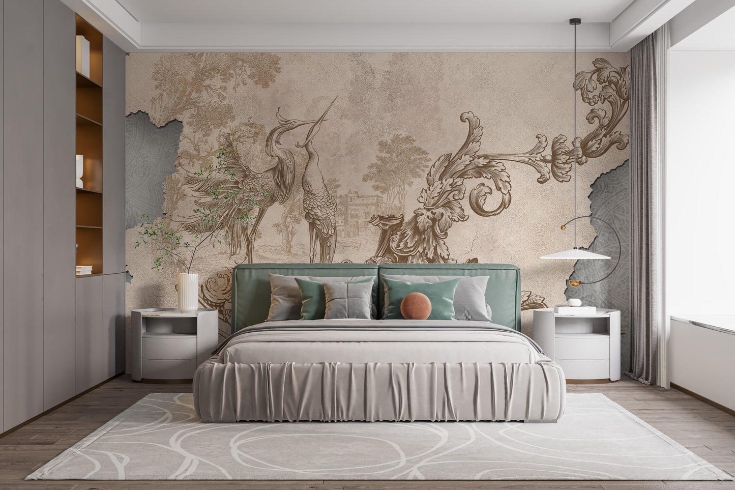 Beige Rococo Design Wall Mural for regal spaces
