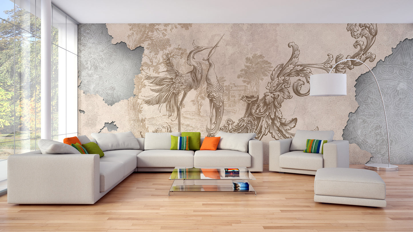 Beige Rococo Wall Mural for upscale interiors
