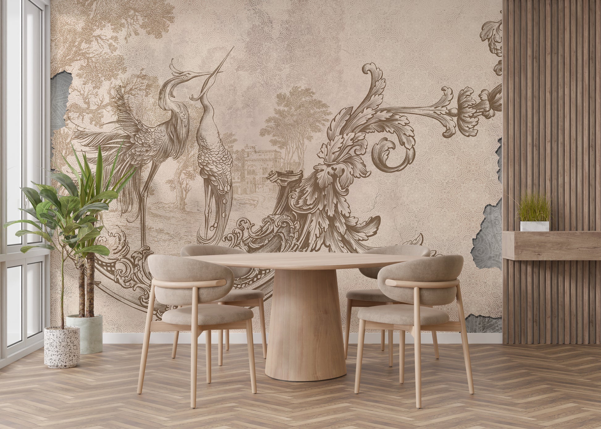 Graceful Beige Rococo Mural for a luxurious look
