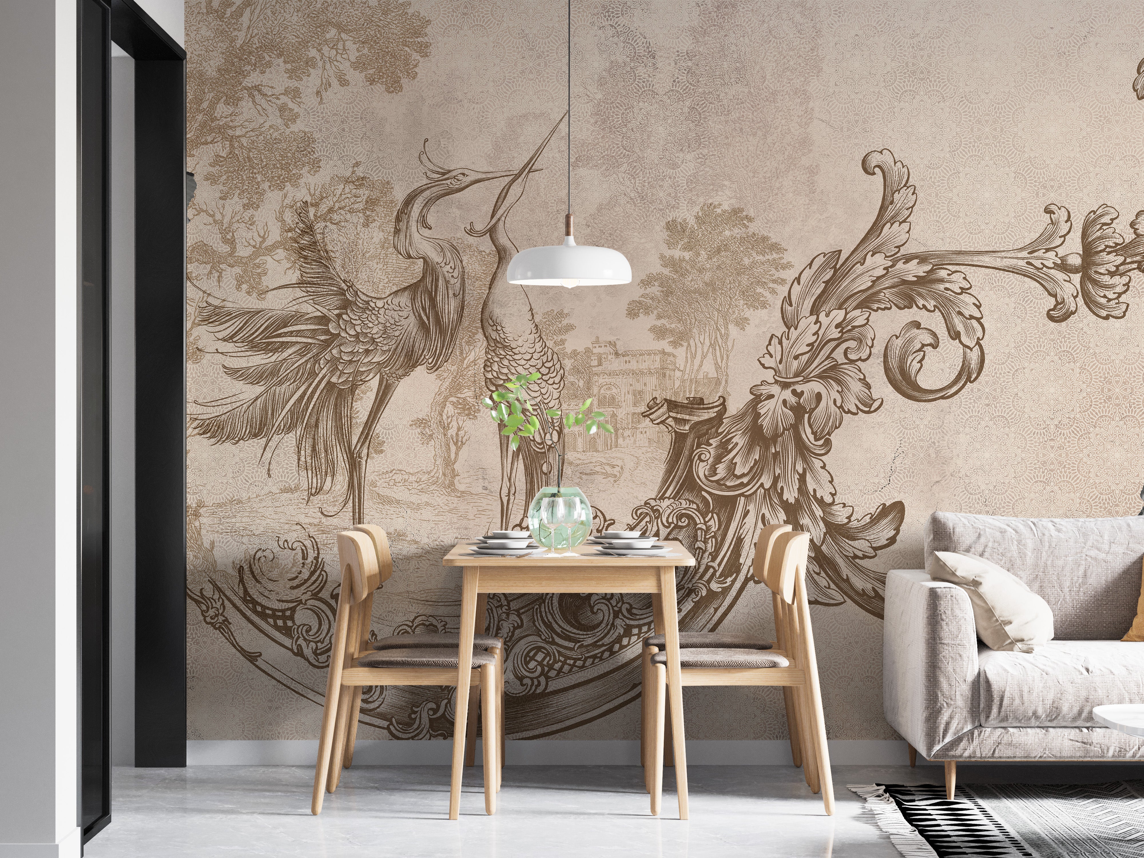 Beige Rococo Design Wall Mural for sophisticated rooms