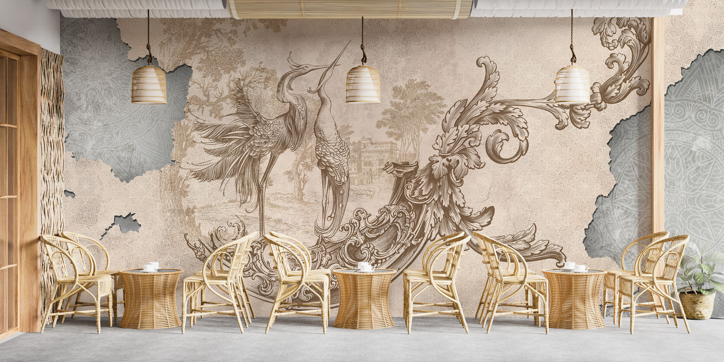 Graceful Beige Rococo Mural for stylish room designs