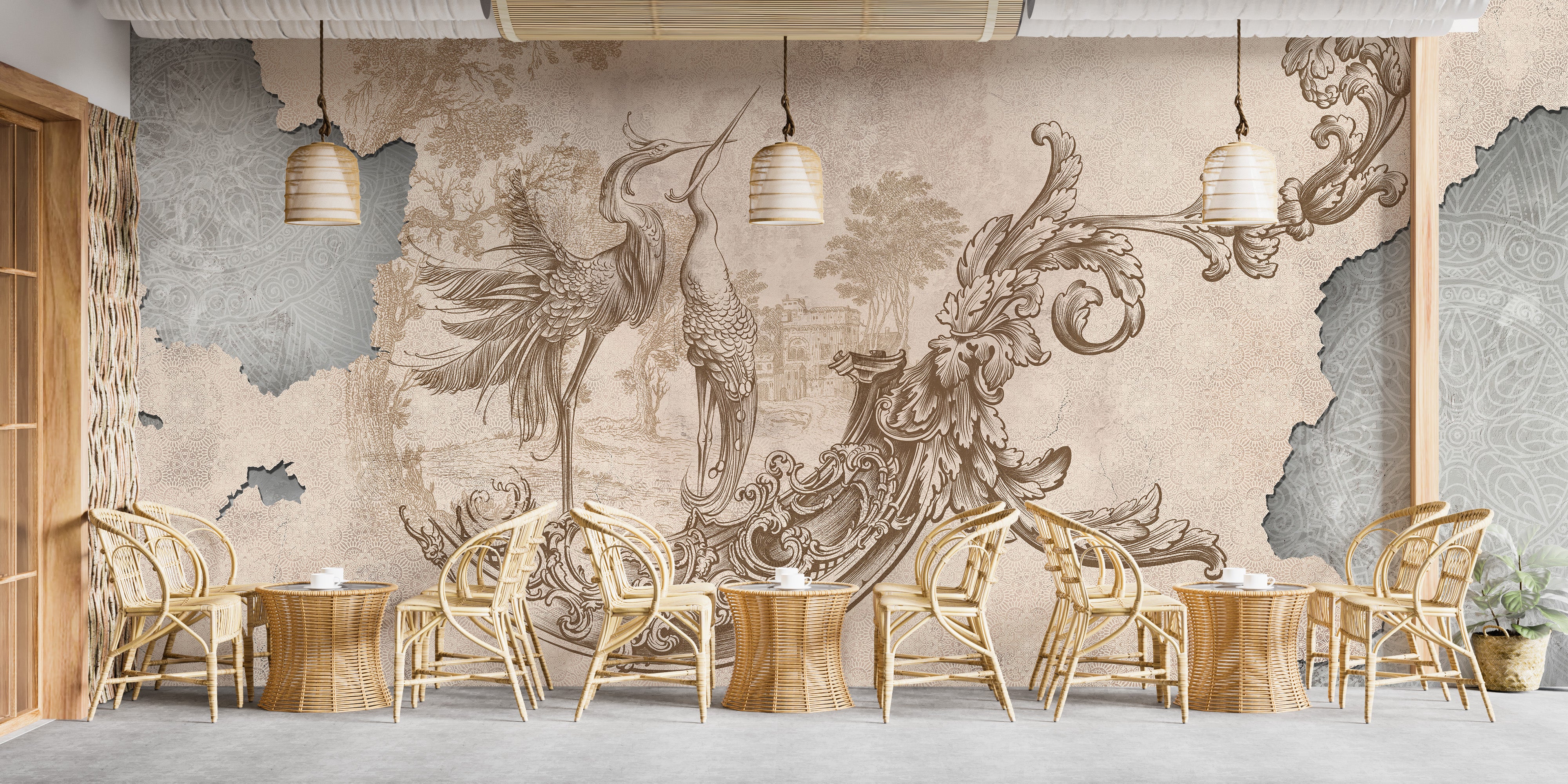 Graceful Beige Rococo Mural for stylish room designs