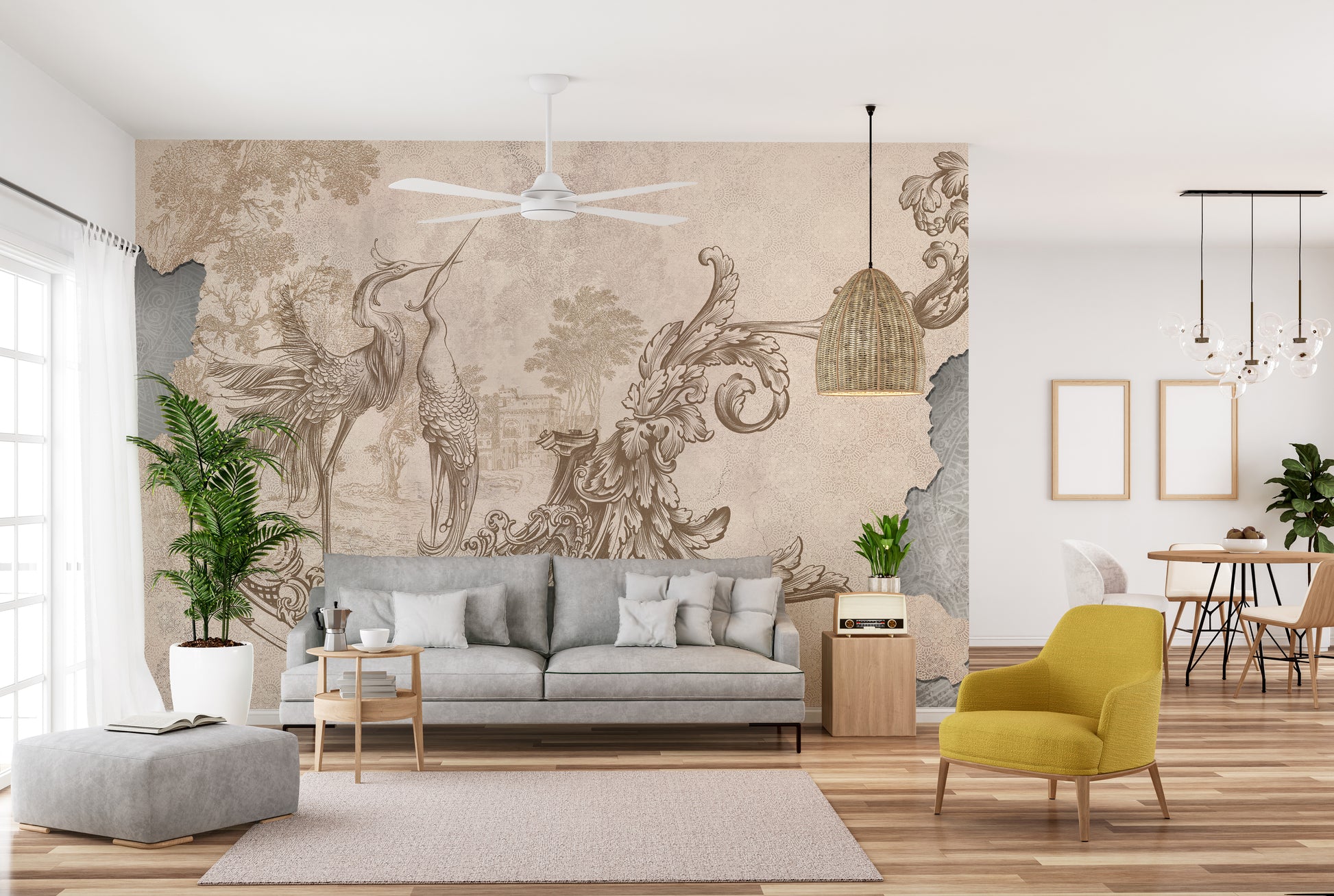 Graceful Beige Rococo Design Mural for timeless style