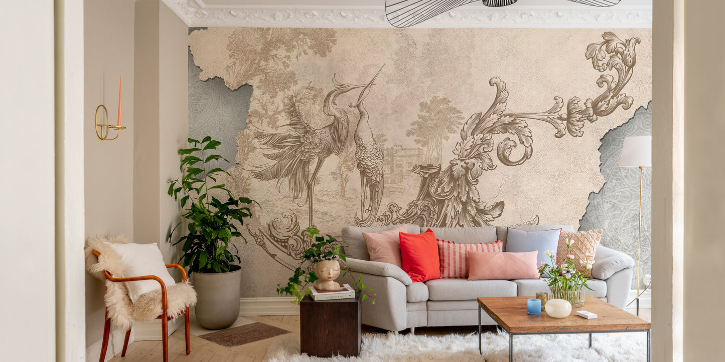 Beige Rococo Design Wall Mural for classic decor