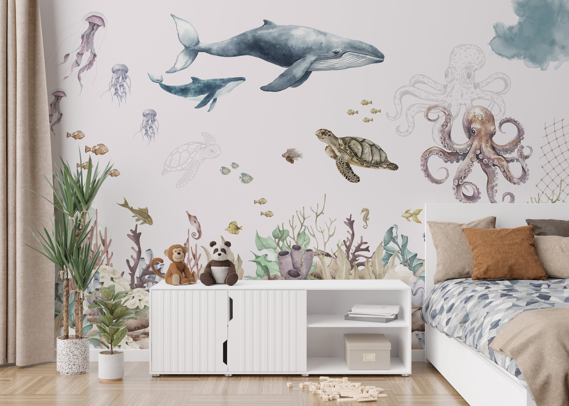 Underwater marine life wallpaper with whales and sea turtles
