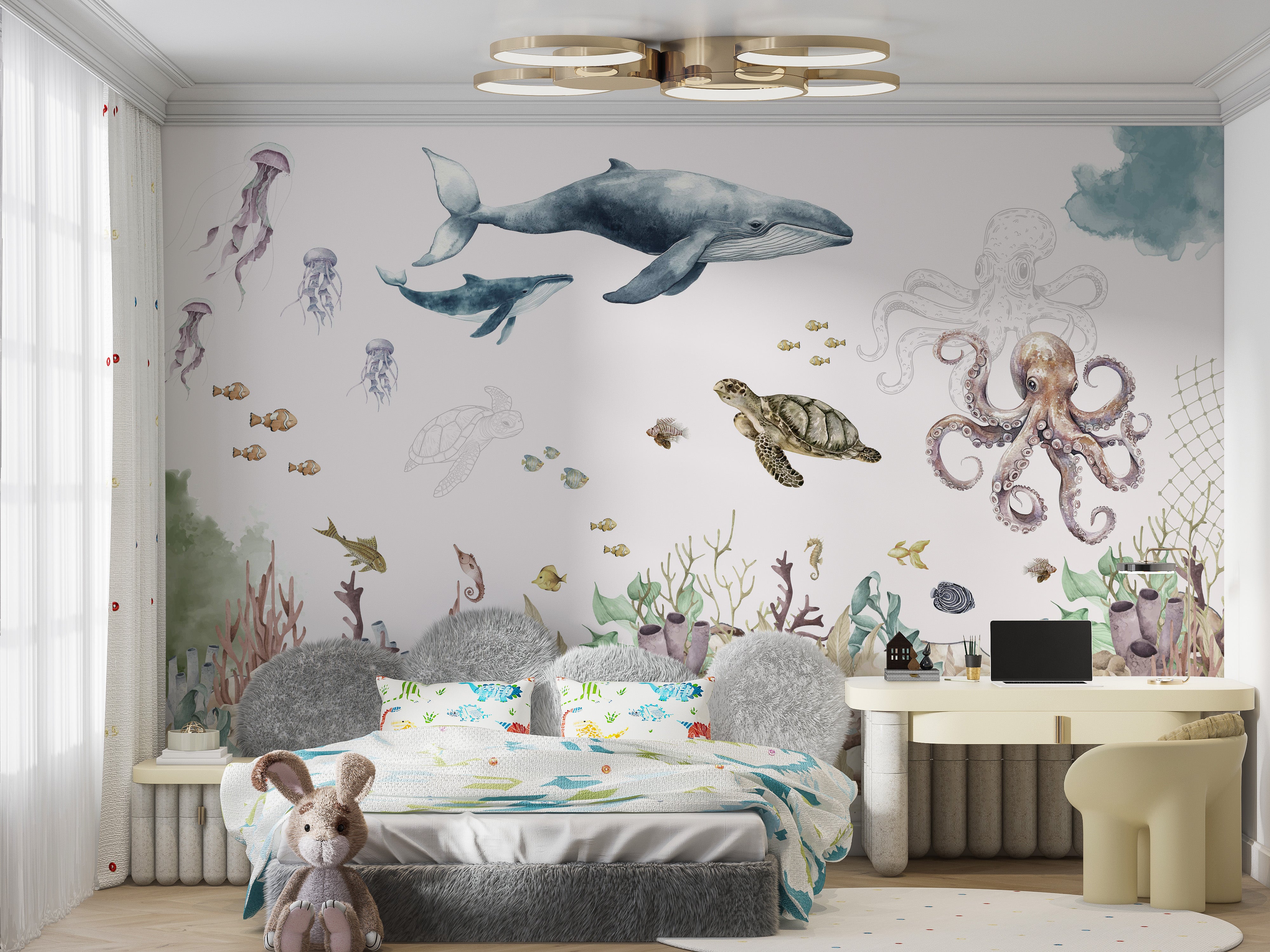 Coastal wallpaper mural featuring whales and sea turtles
