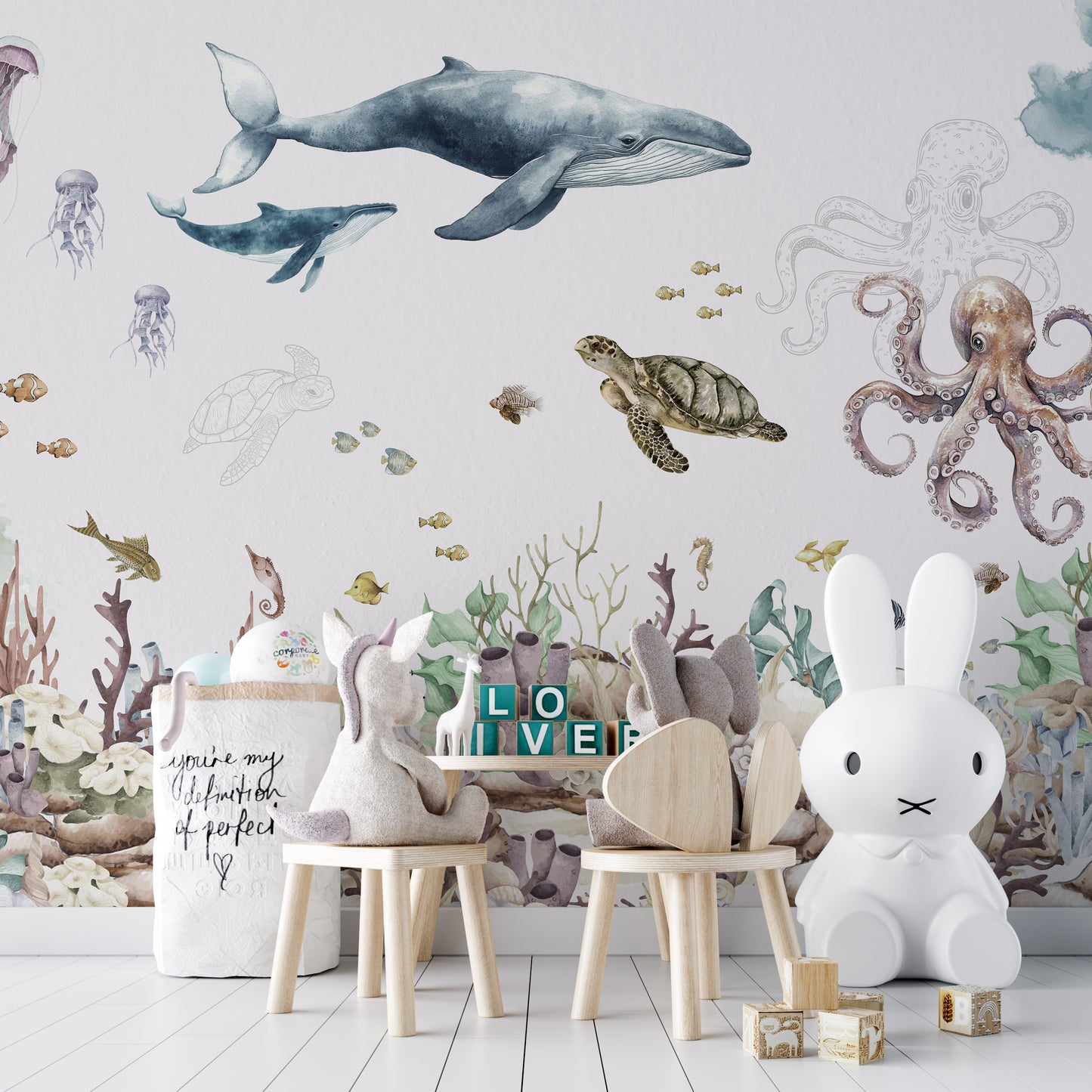 Hand-painted ocean-themed wallpaper for kids' rooms
