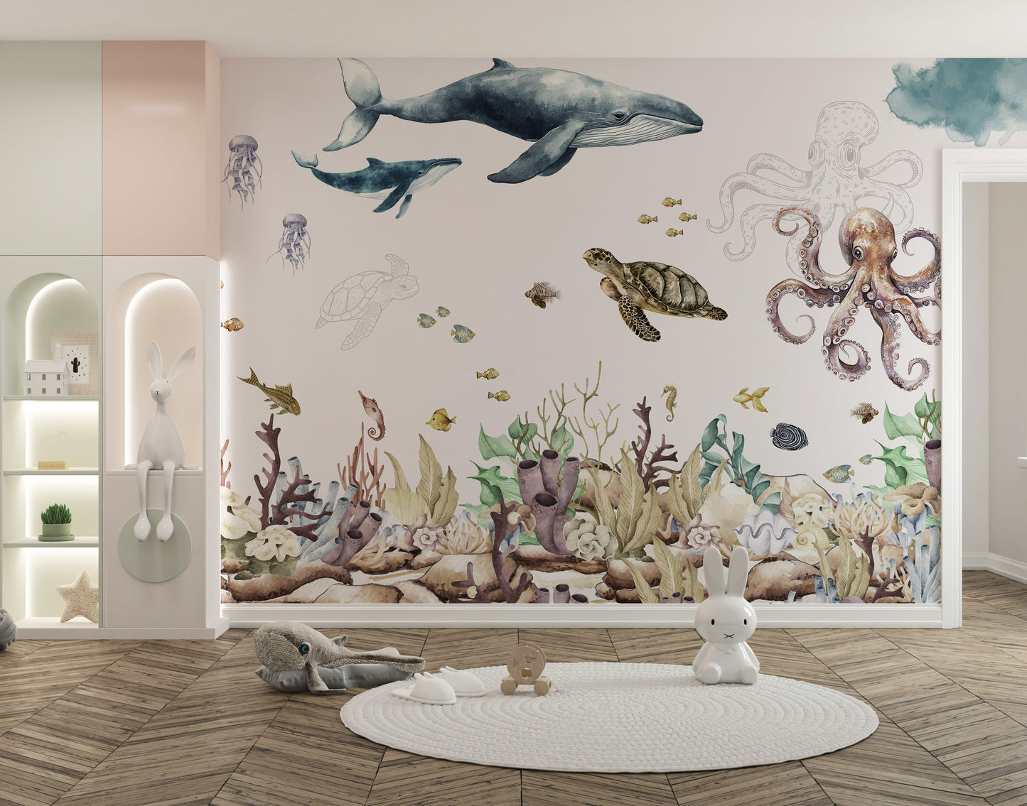 Ocean-themed wallpaper featuring vibrant coral reef and fish
