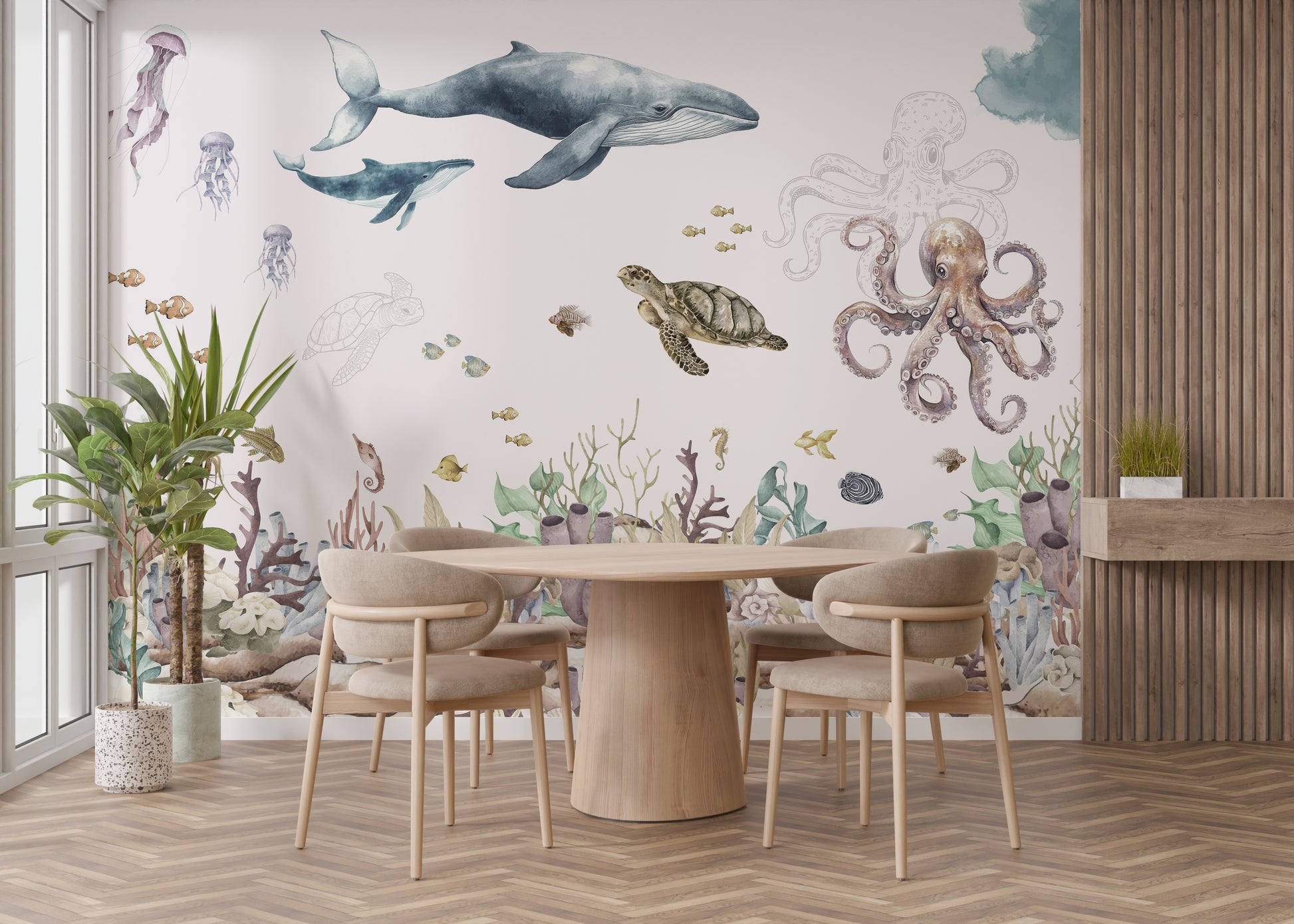 Sea life mural with watercolor whales and jellyfish
