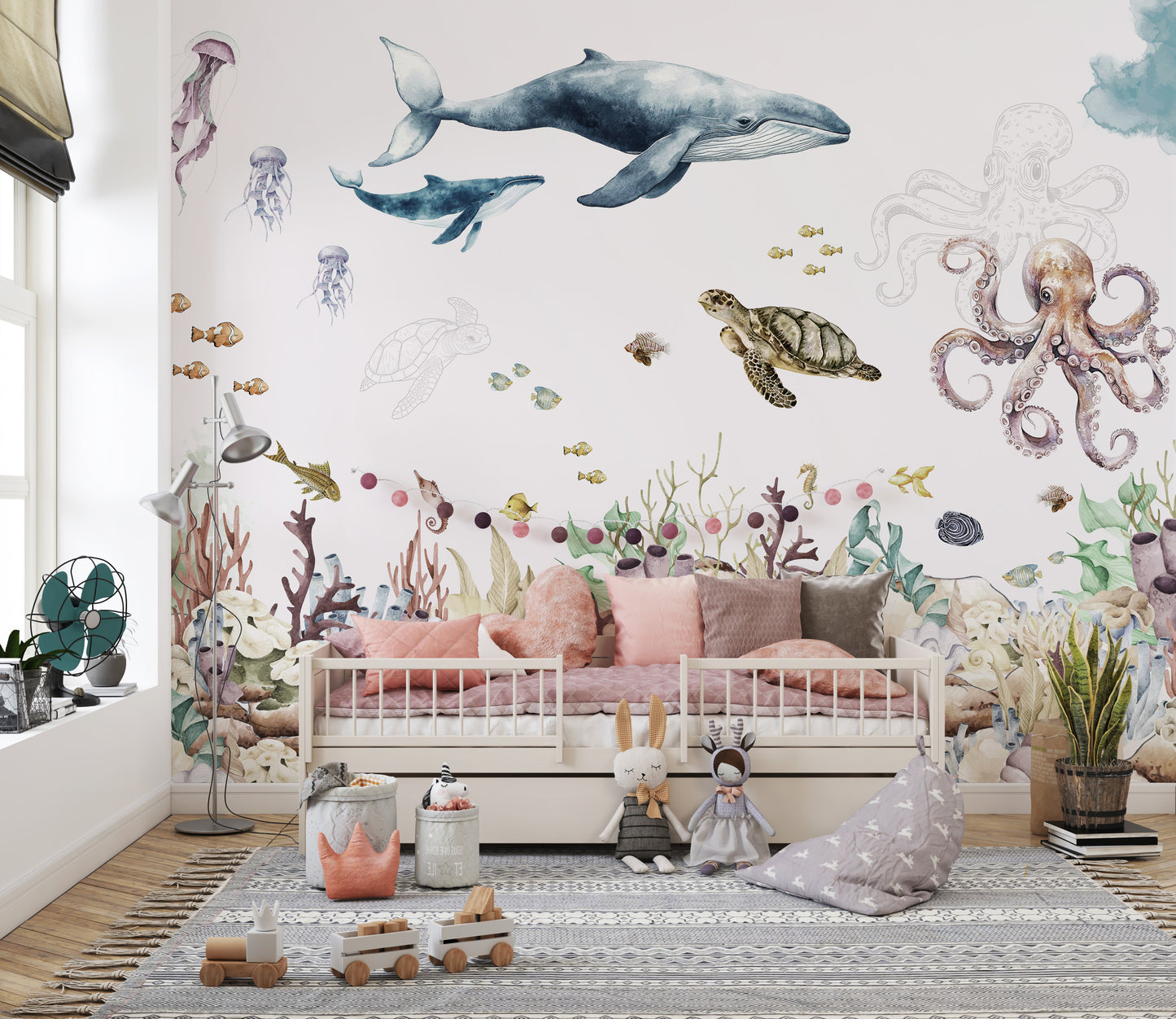 Aquatic wallpaper with underwater animals and coral details
