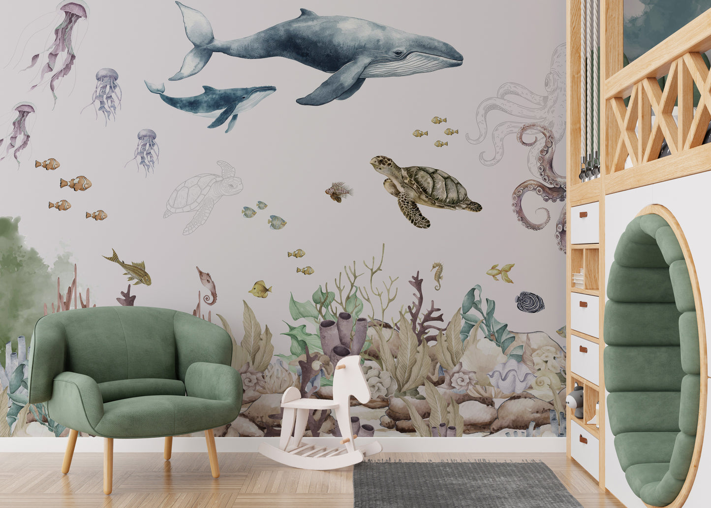 Ocean nursery wallpaper with playful marine animals
