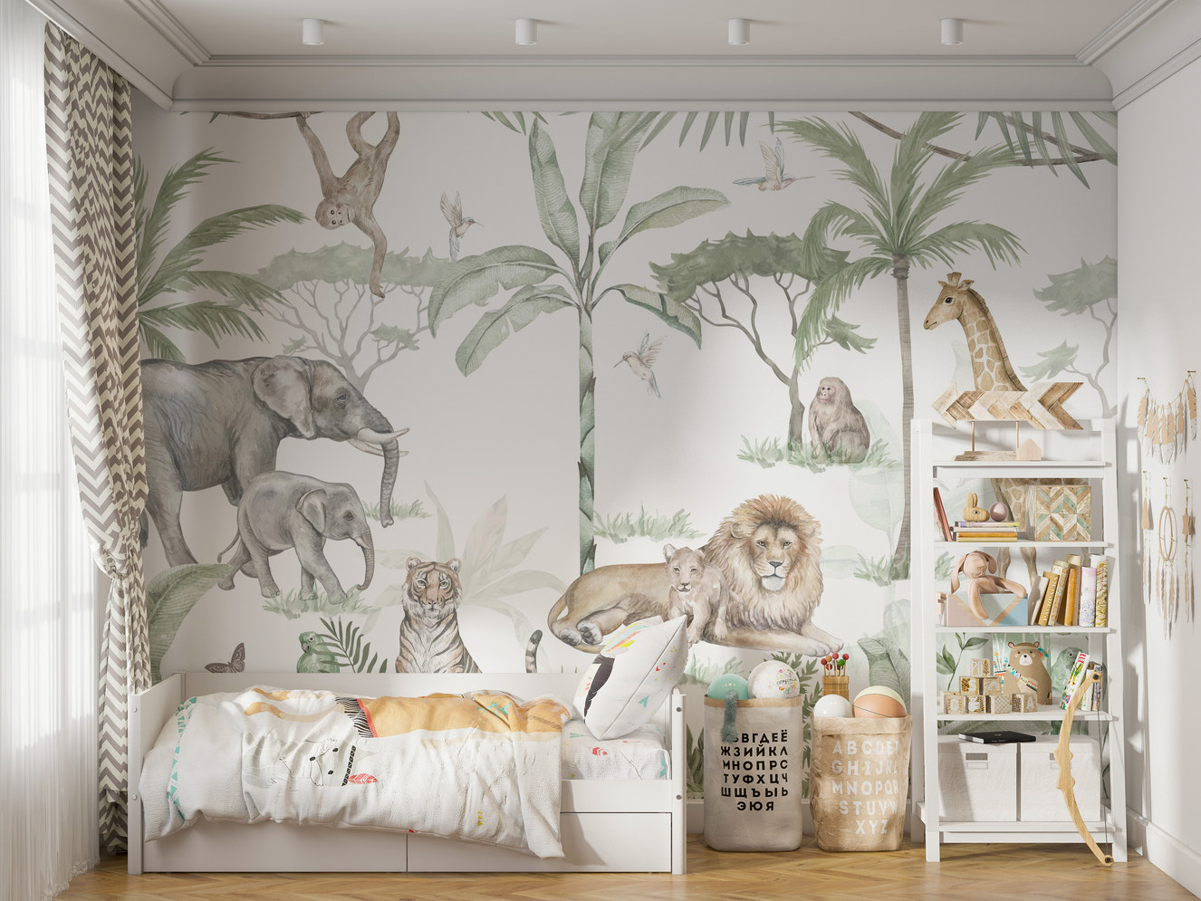 Watercolor jungle safari wallpaper with safari animals
