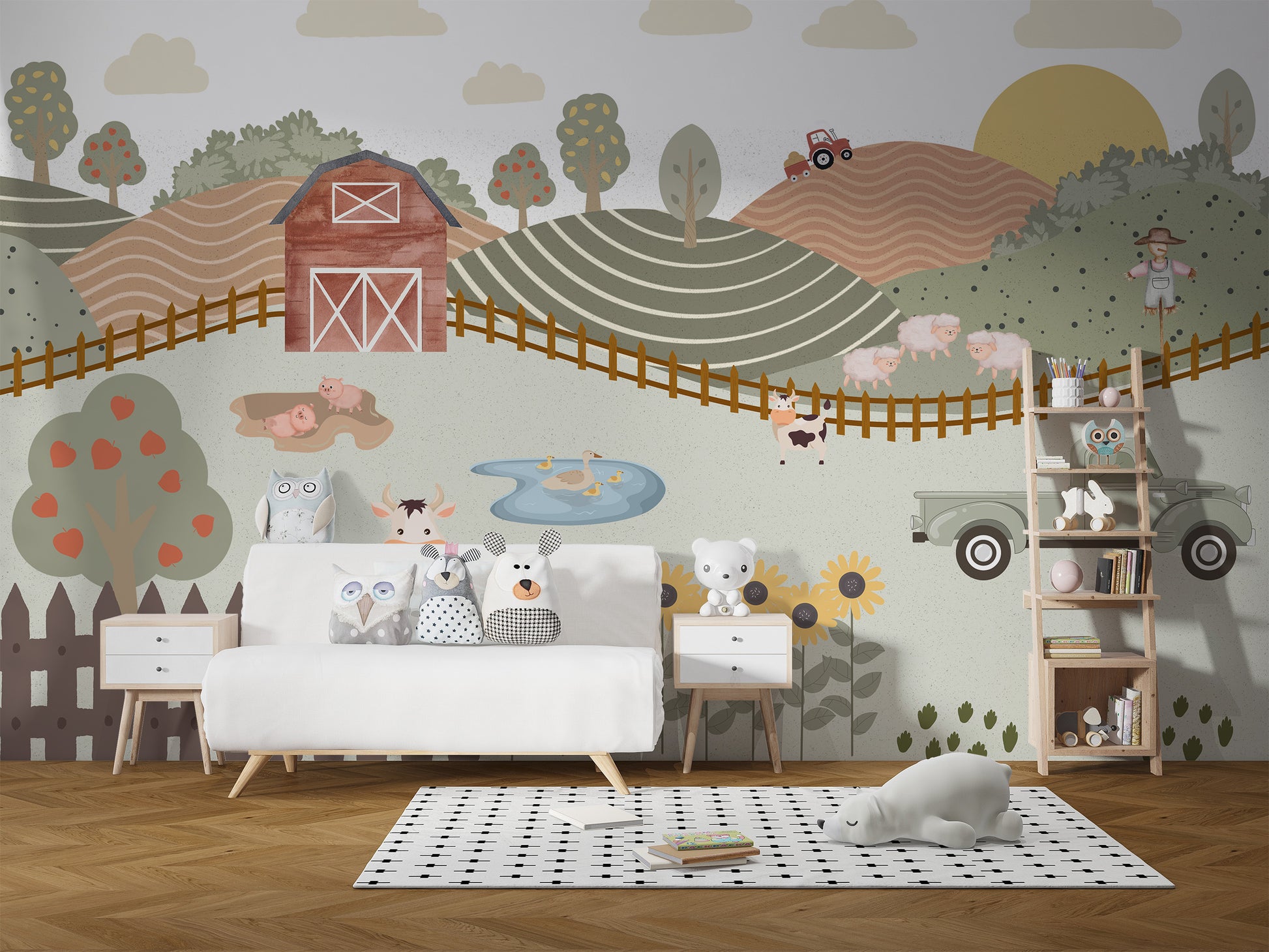 Country life mural wallpaper with farm elements
