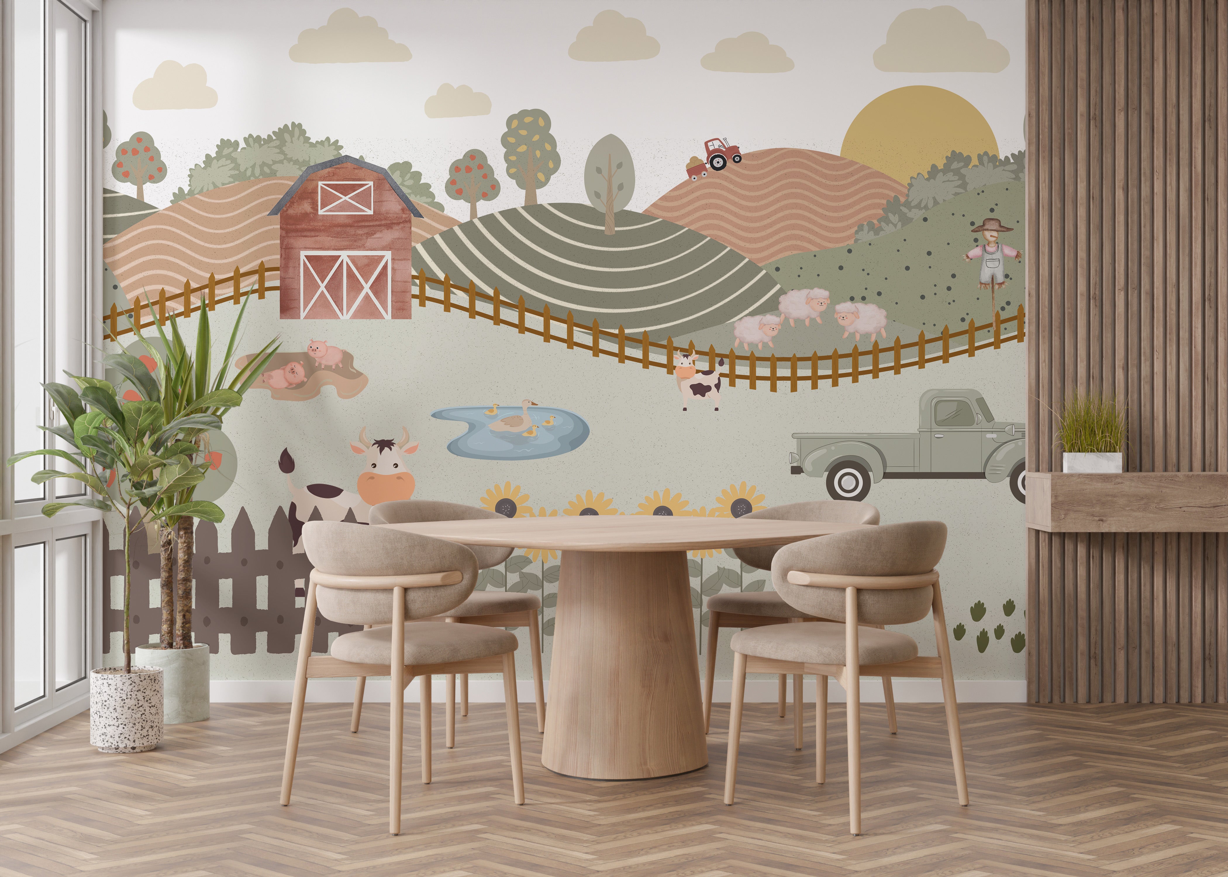 Country-themed wallpaper featuring farm animals and tractor
