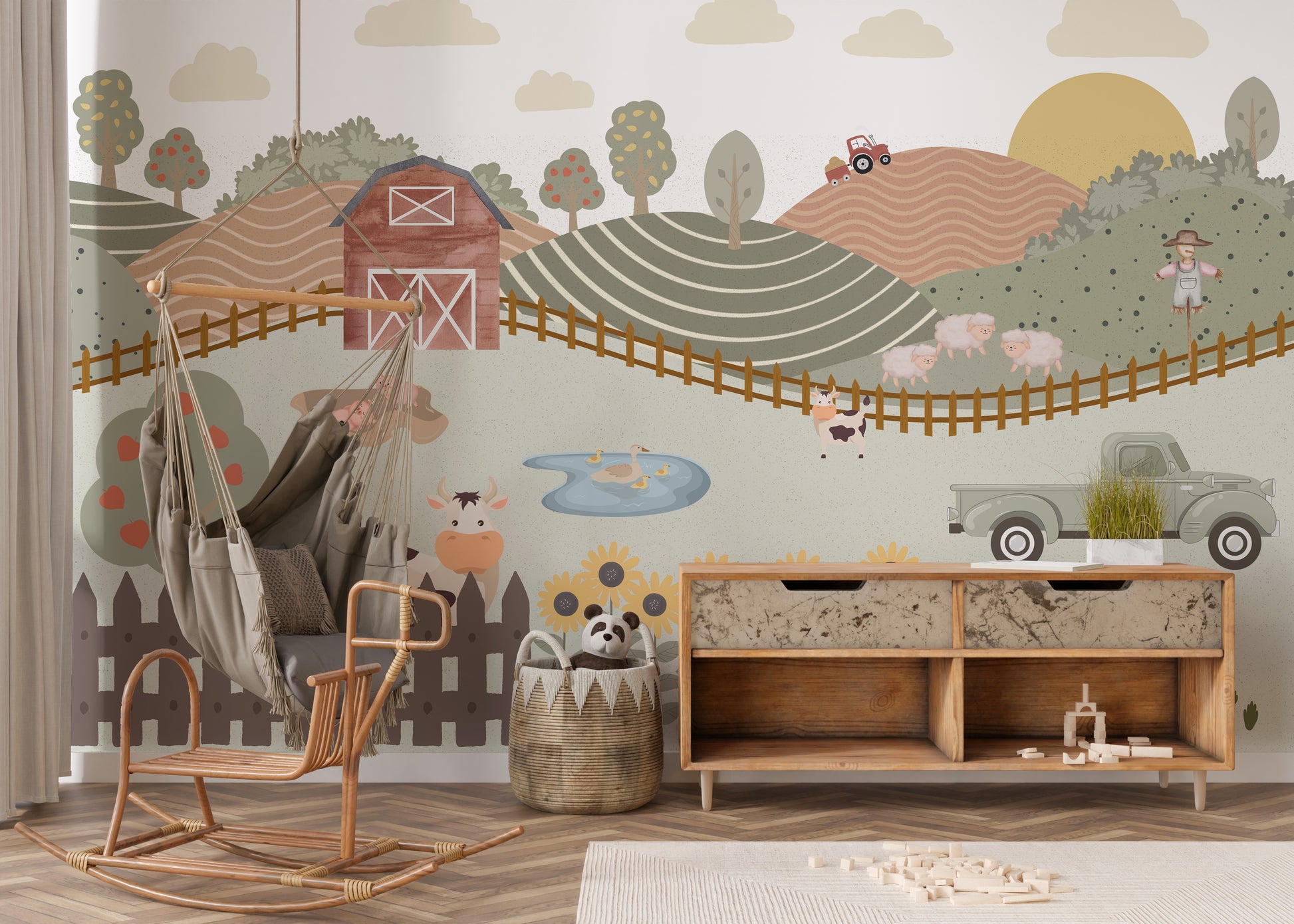 Farm animals nursery wallpaper with playful animals
