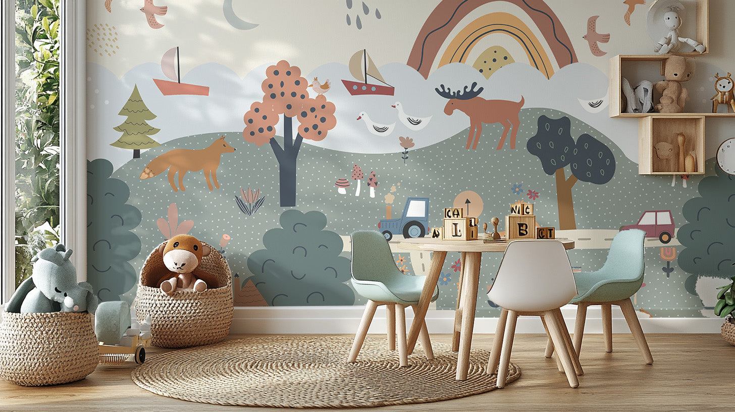 Scandinavian nursery wallpaper with a fairy tale landscape
