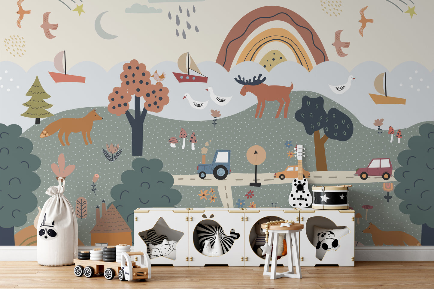 Fairy tale forest mural with wildlife and rolling fields




