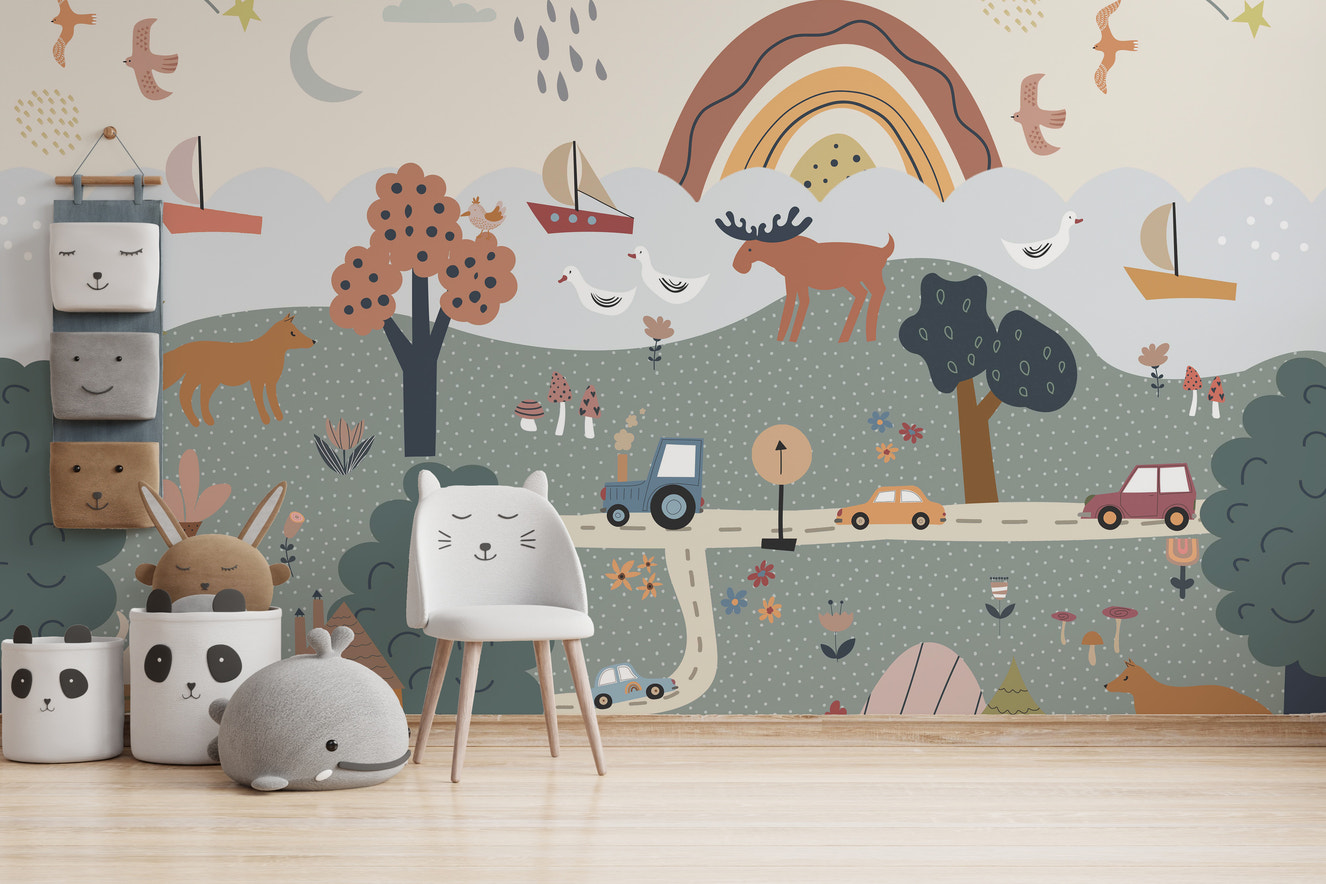 Whimsical woodland wallpaper with forest animals and hills
