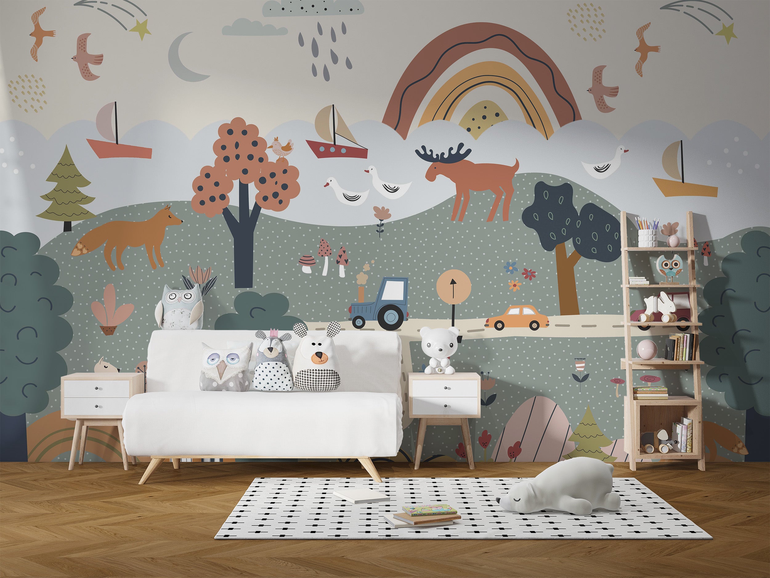 Adventure-themed kids wallpaper with hills and sailing boats
