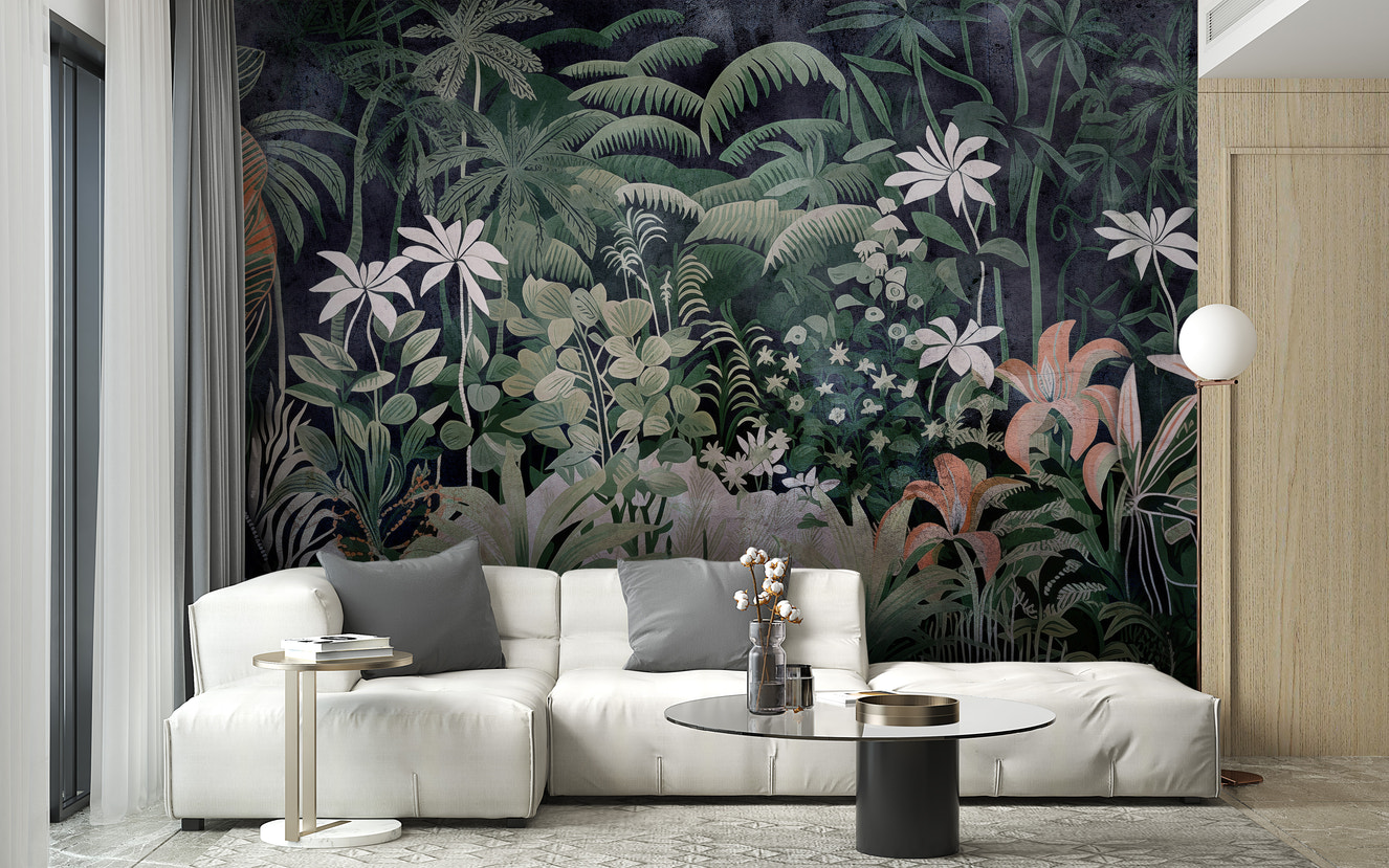 Enchanted jungle mural with lush foliage
