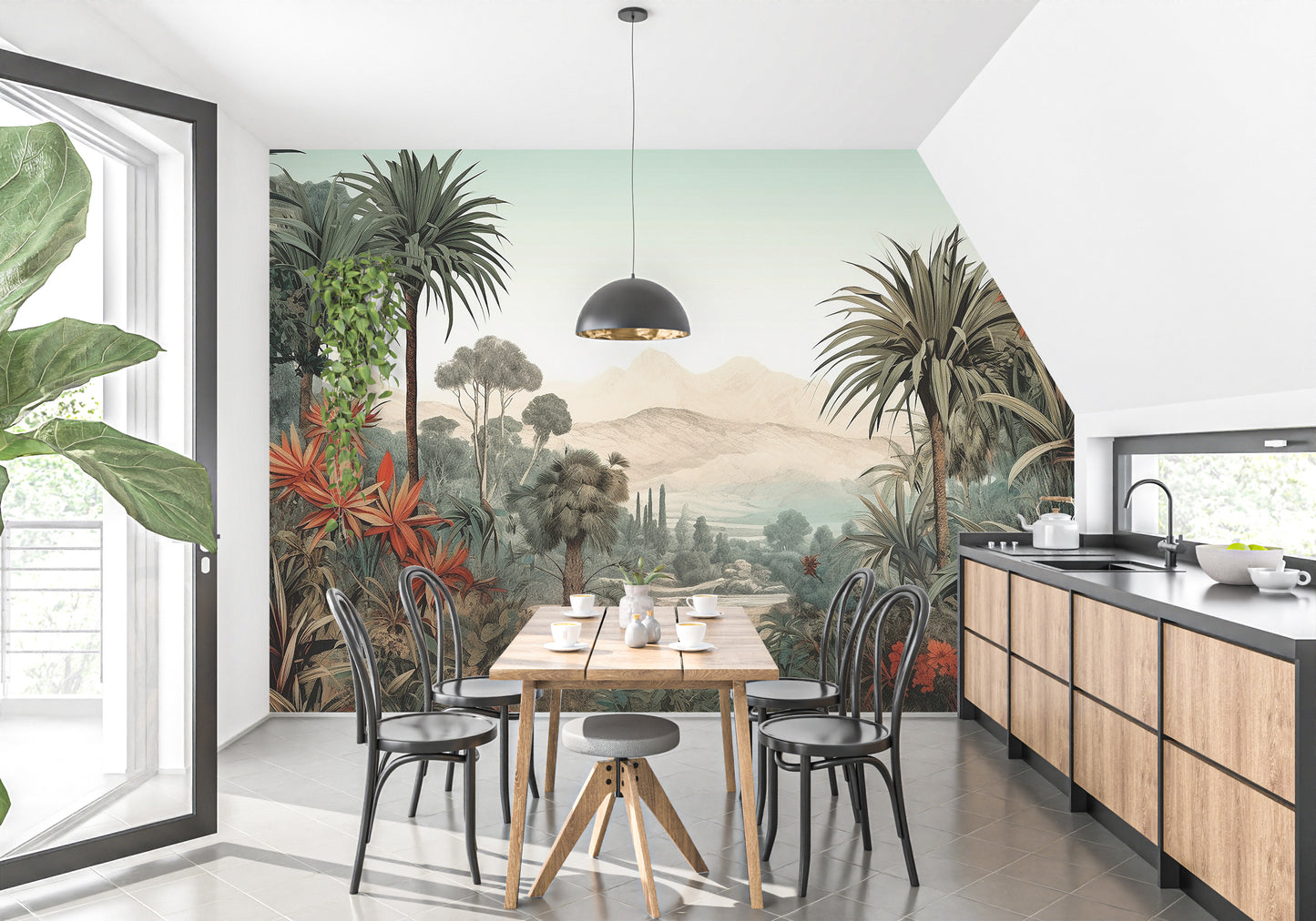 Tropical wall mural with green foliage scene
