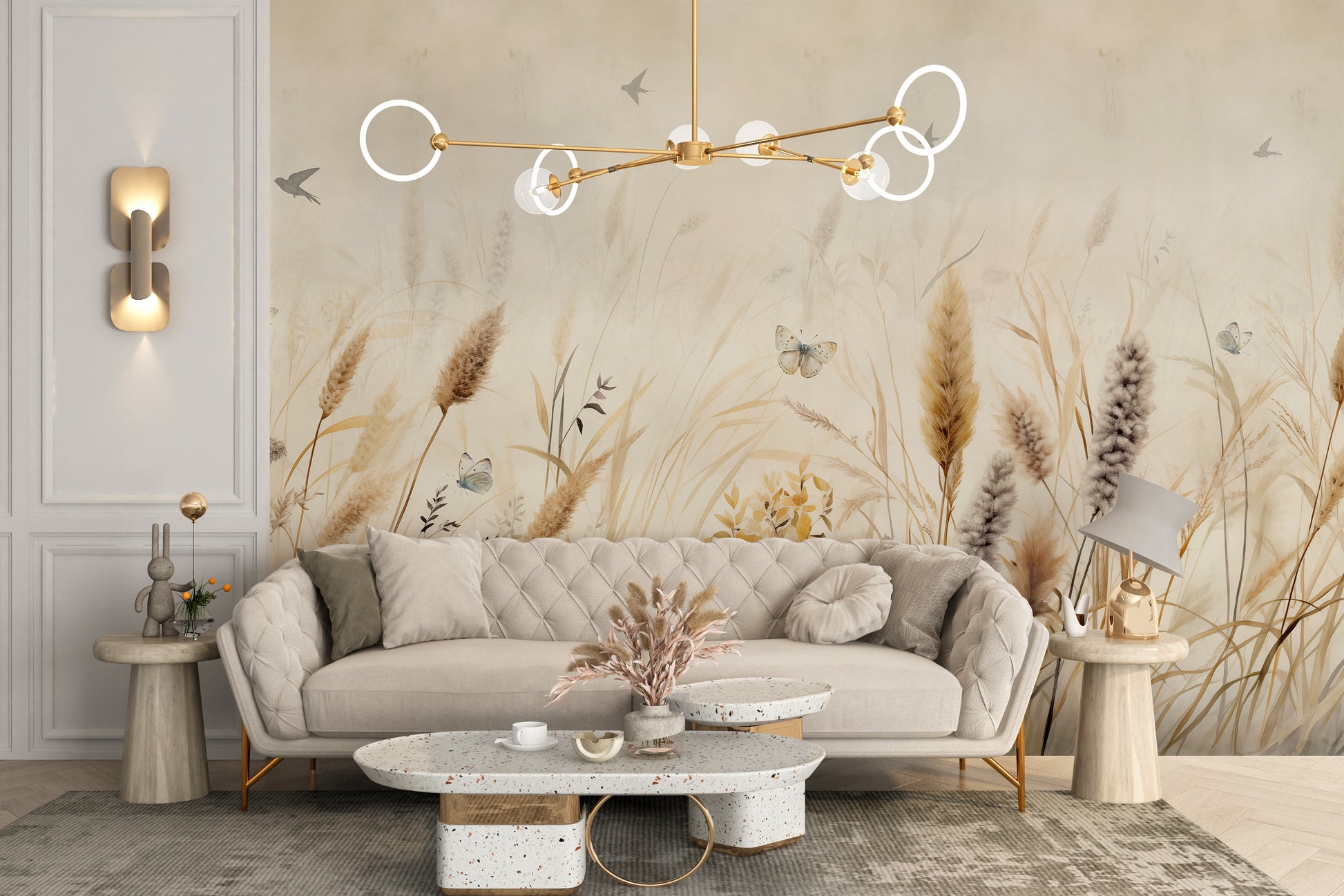 Butterflies hovering over gentle grass mural scene



