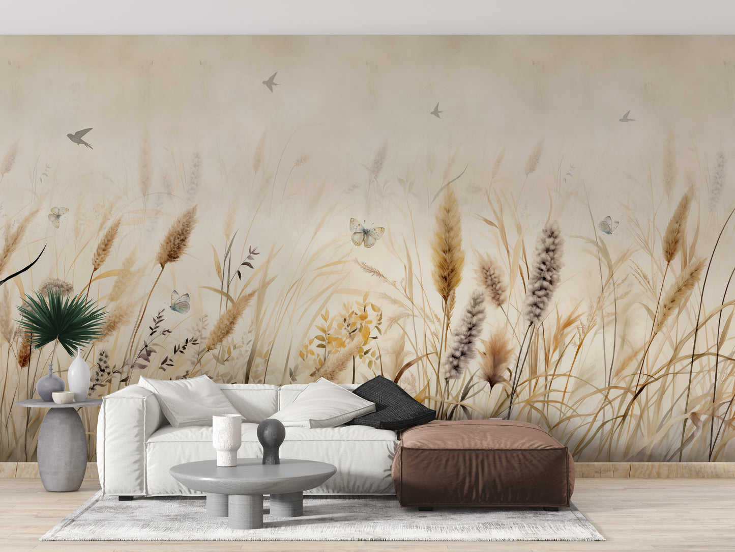 Butterflies flying over grassy wallpaper mural
