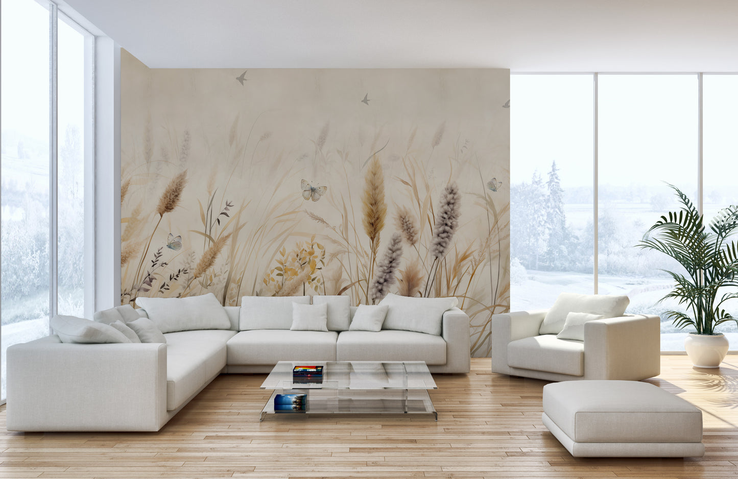 Soft grass and butterfly wallpaper mural design
