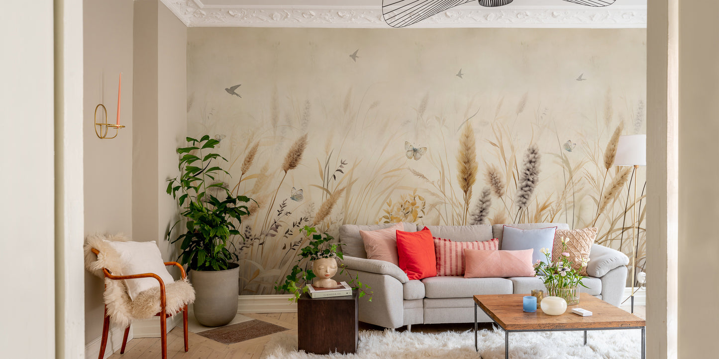 Grass and butterfly-themed mural for walls
