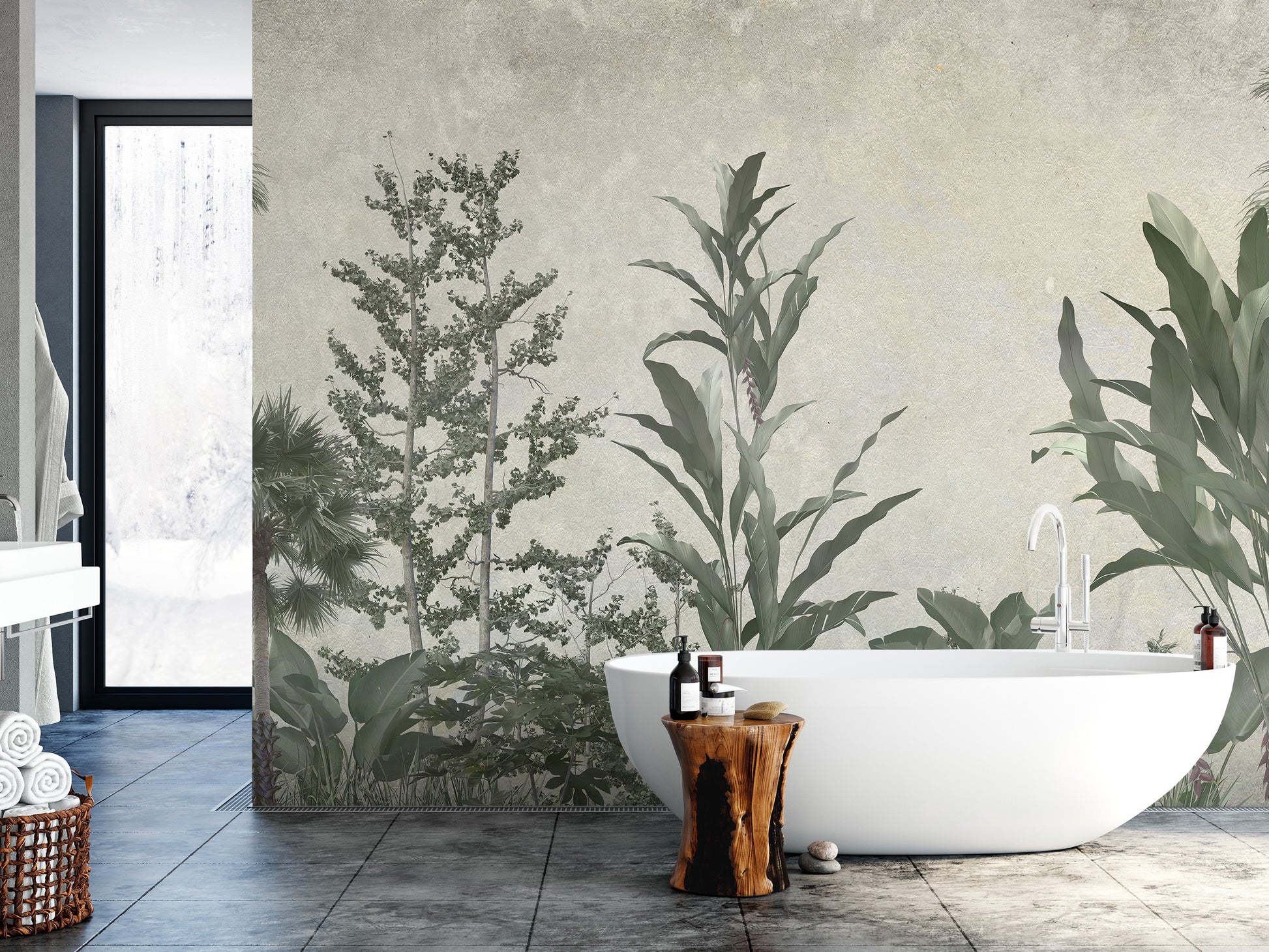 Self-adhesive lush greenery mural for calming interiors