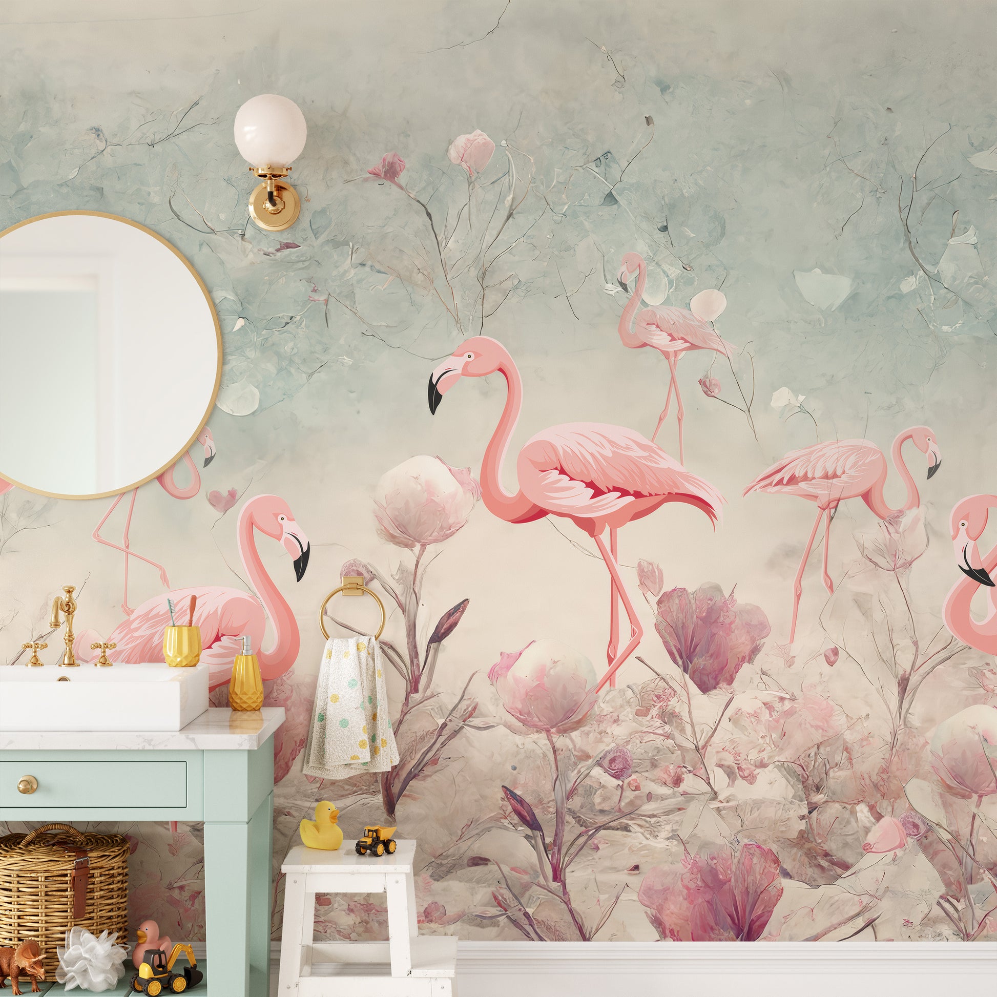 Colorful flamingo fantasy mural for playful and lively spaces