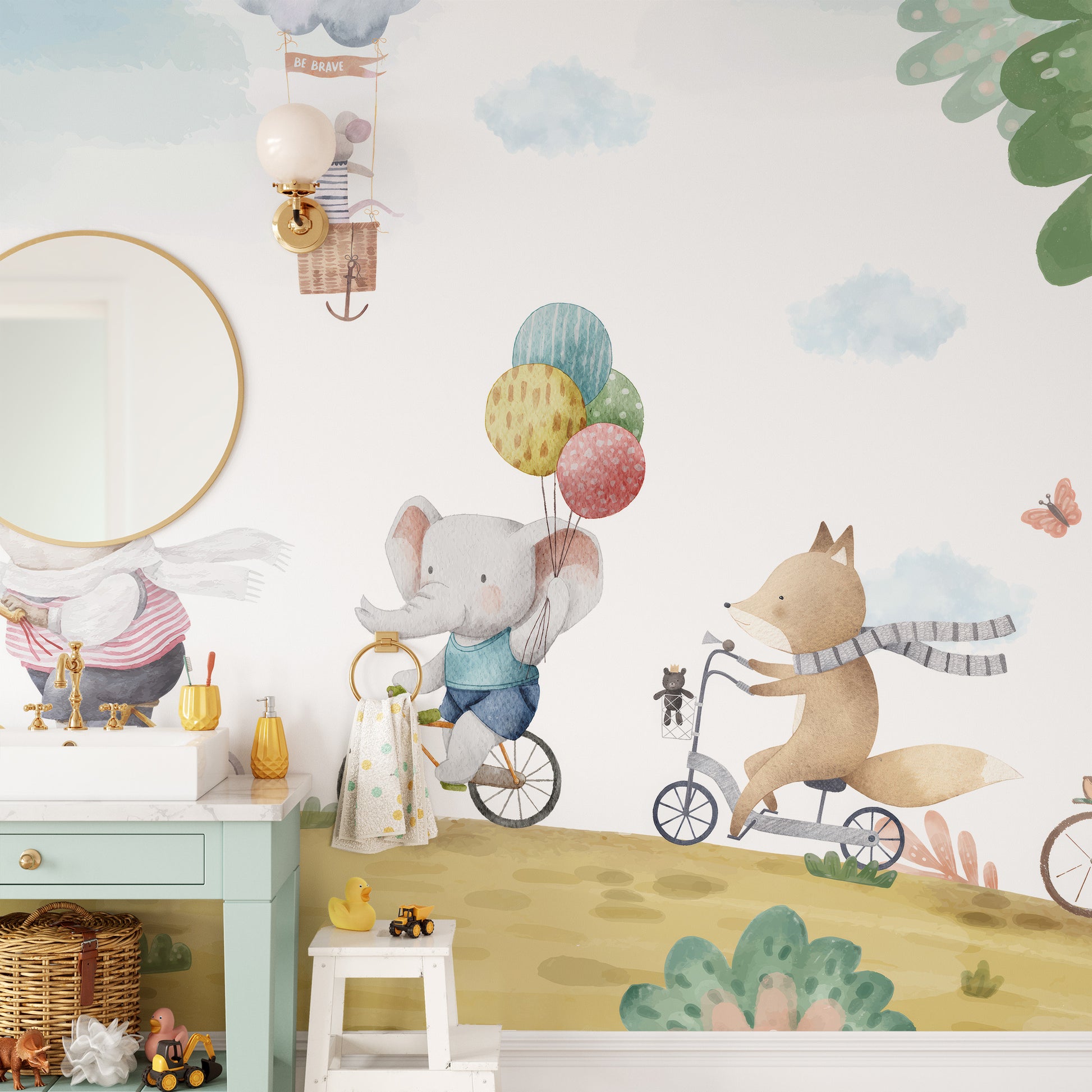 Whimsical animal bicycle mural wallpaper for kids' spaces