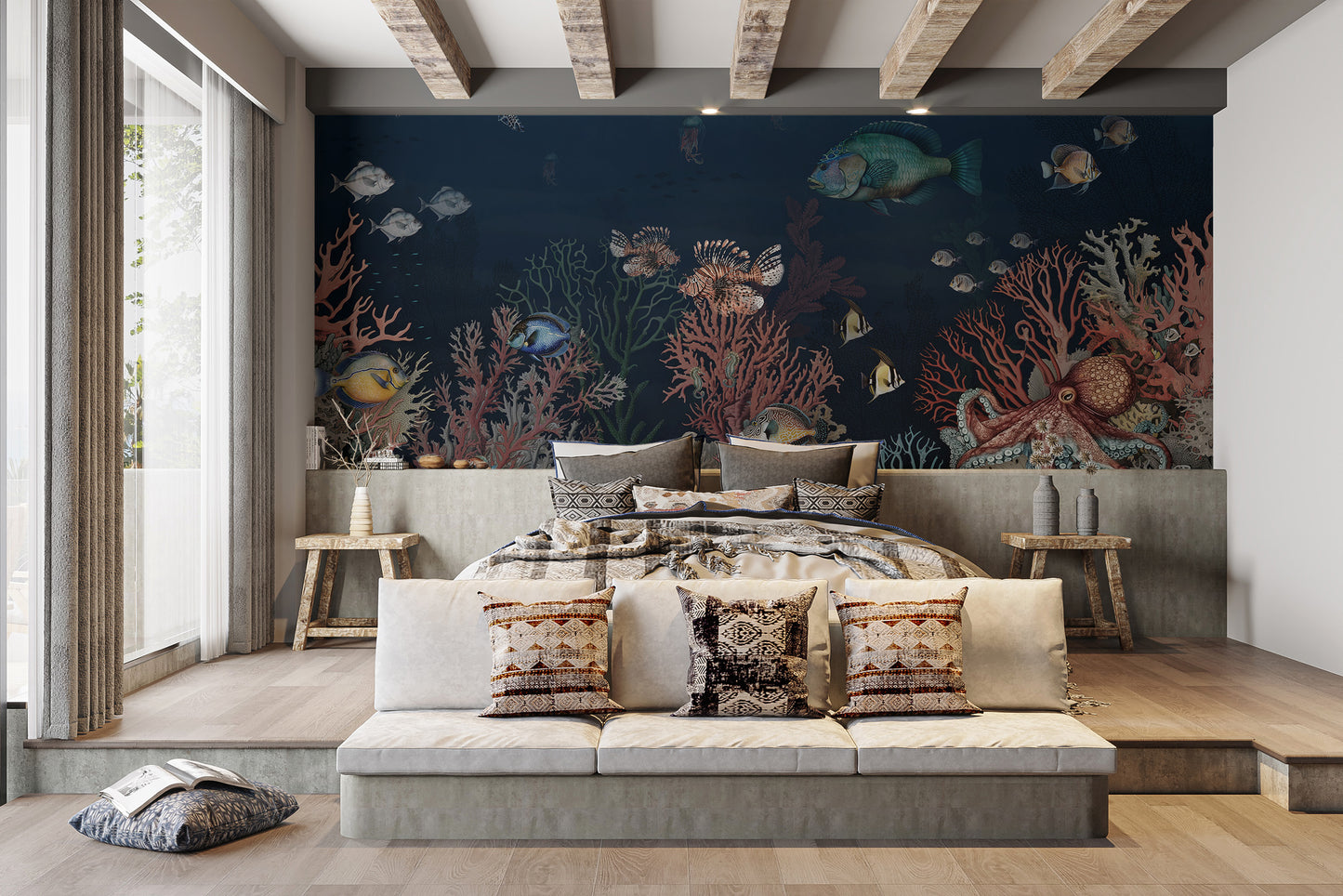 Decorative ocean wonders mural with marine life illustrations