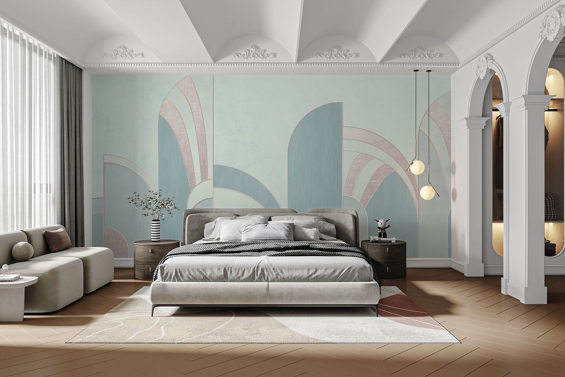 Room wallpaper with dynamic teal abstract patterns