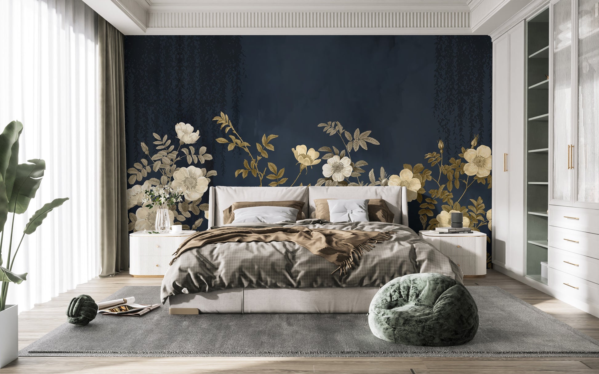 Golden blossoms night wall mural for elegant decor