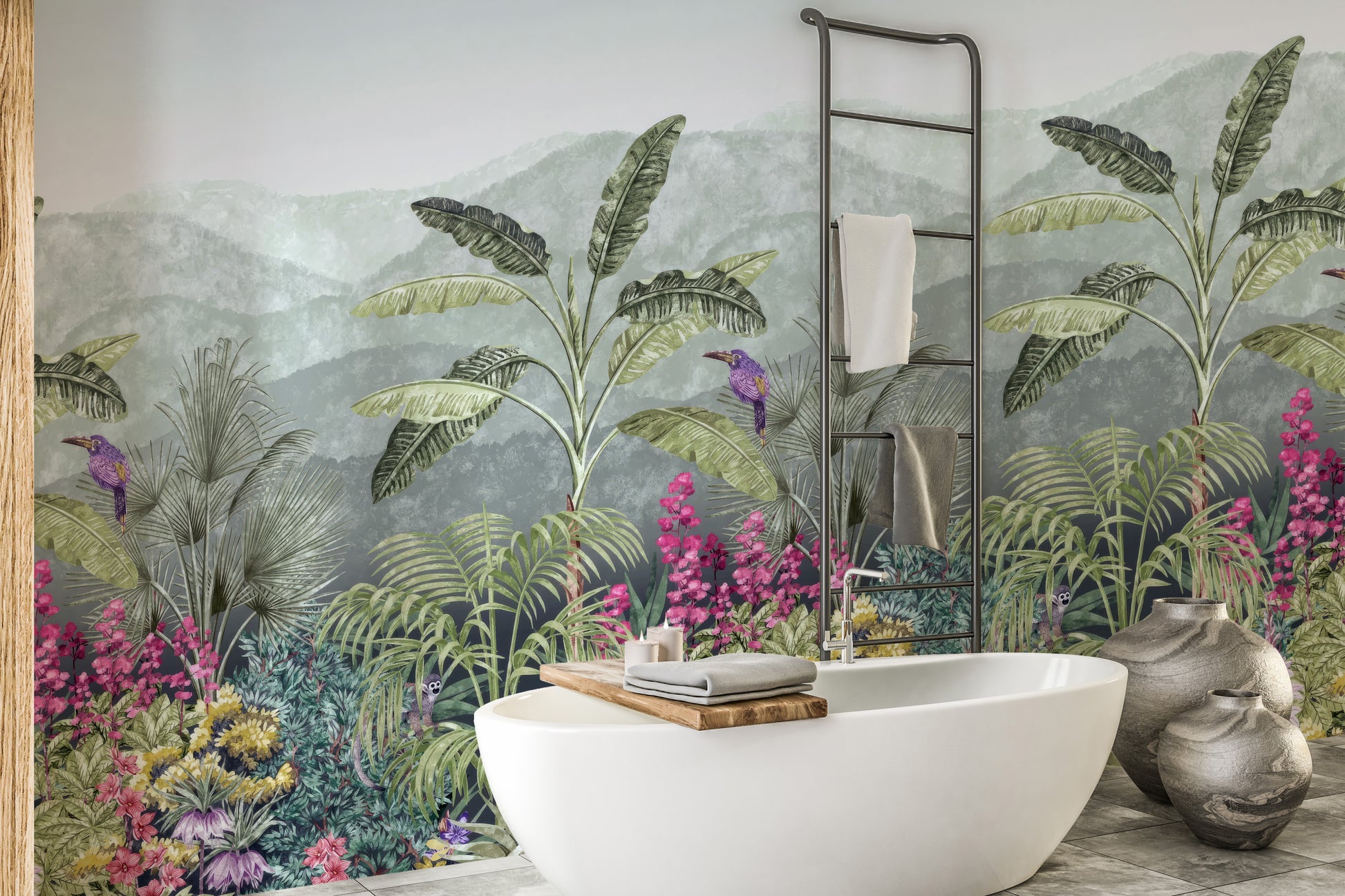 Botanical Garden Birds Wallpaper Mural with floral accents