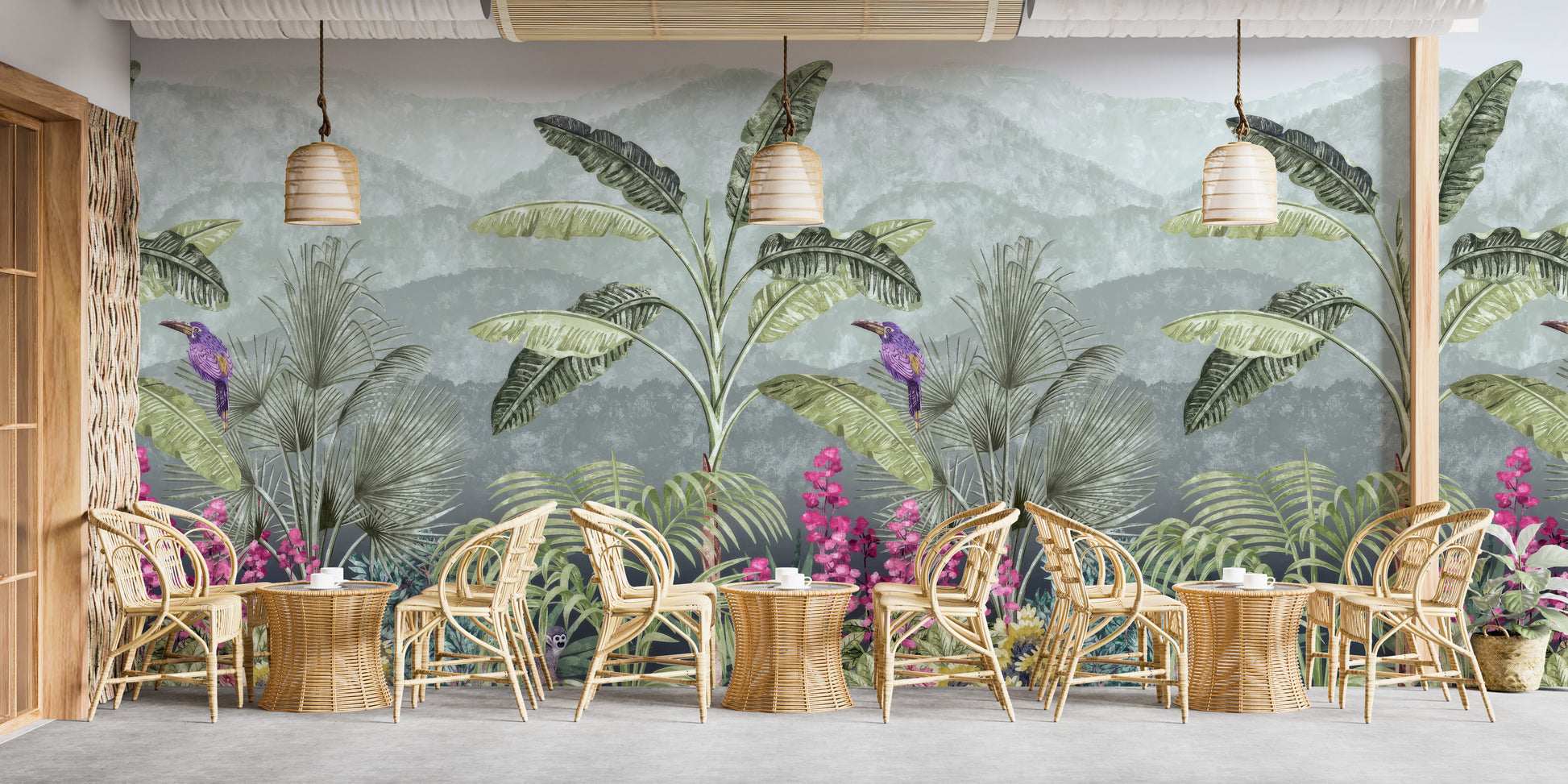 Botanical Garden Birds Wallpaper Mural with vibrant birds