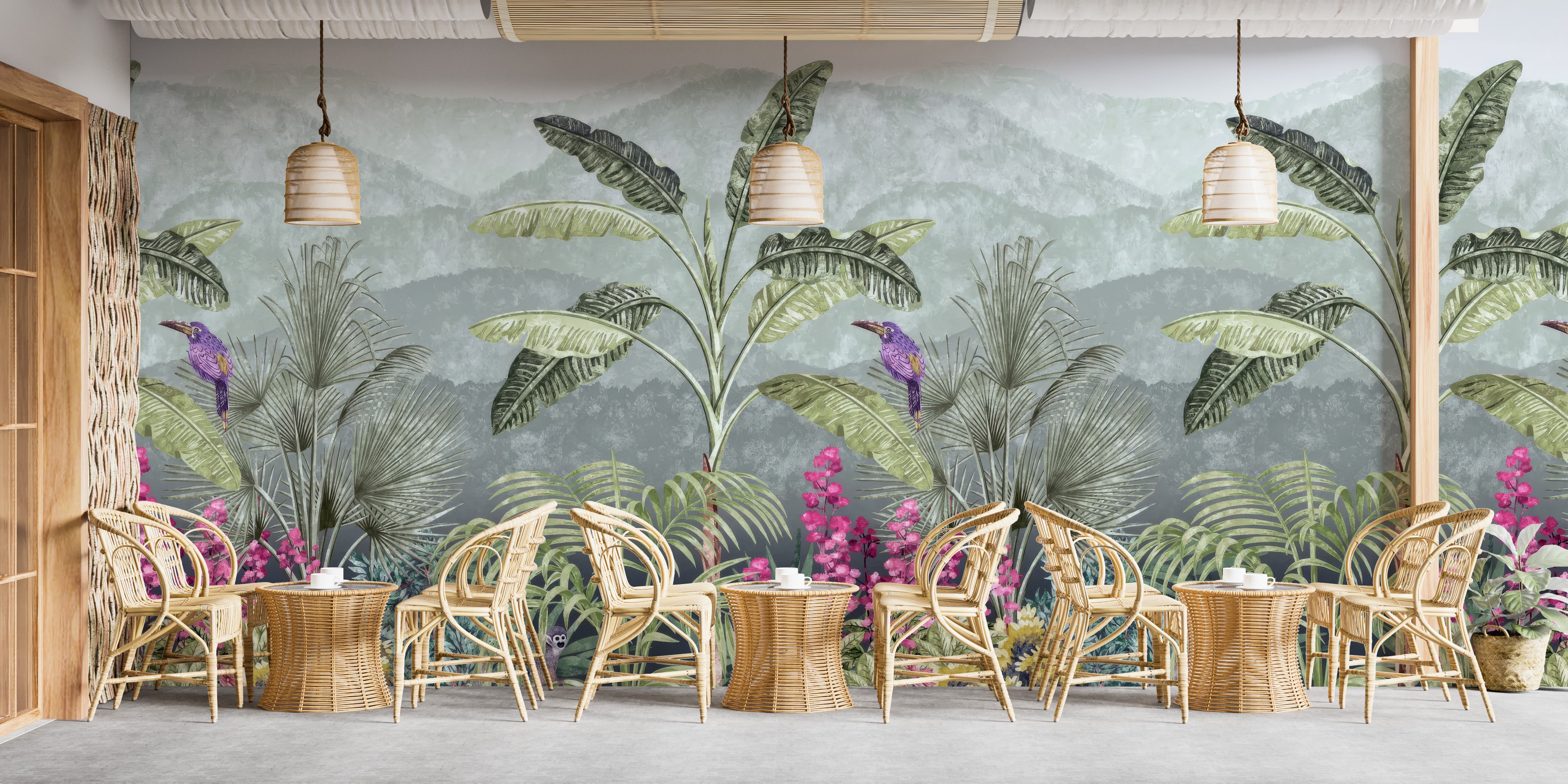 Botanical Garden Birds Wallpaper Mural with vibrant birds