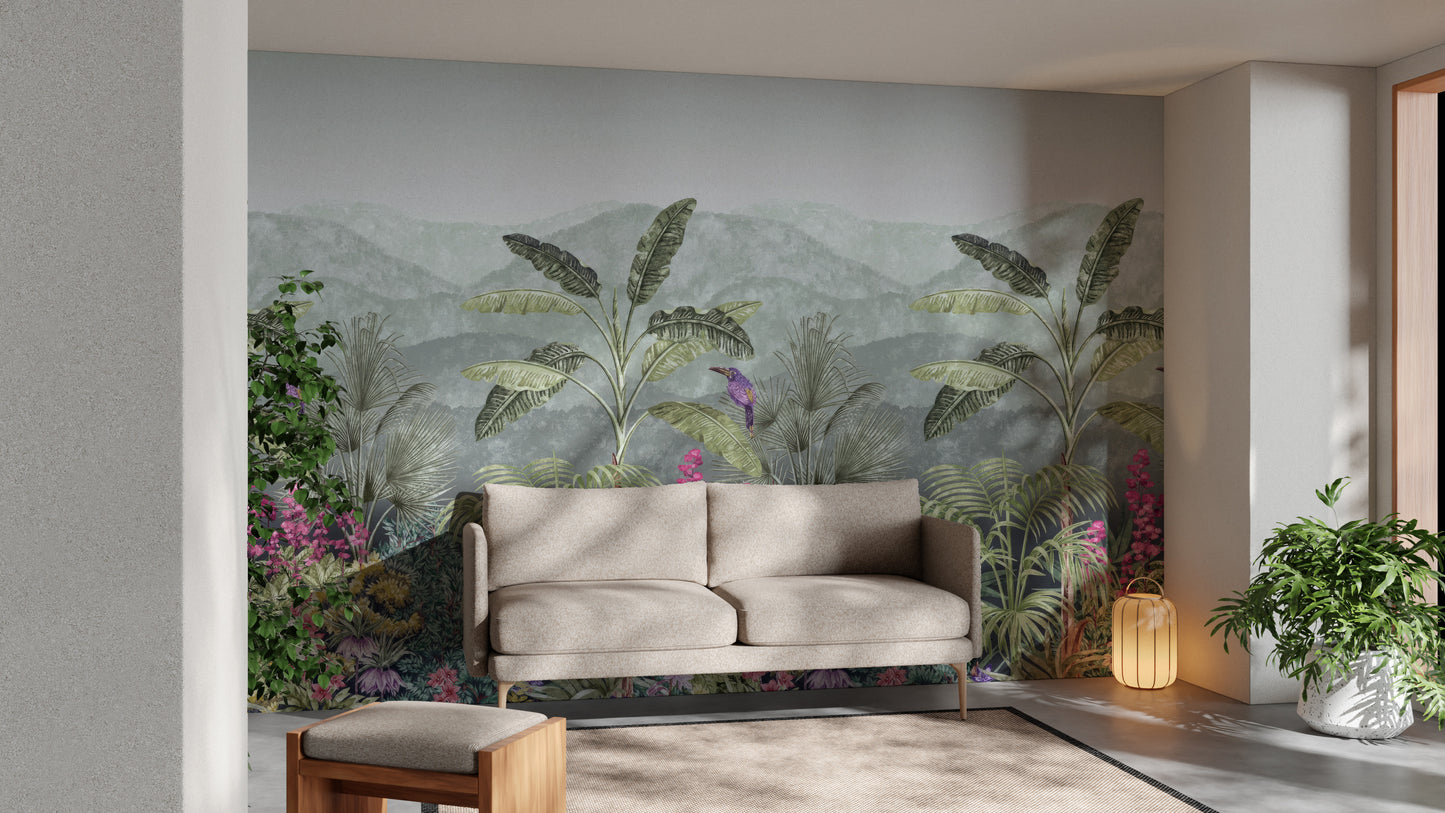 Botanical Garden Birds Wallpaper Mural with colorful plants