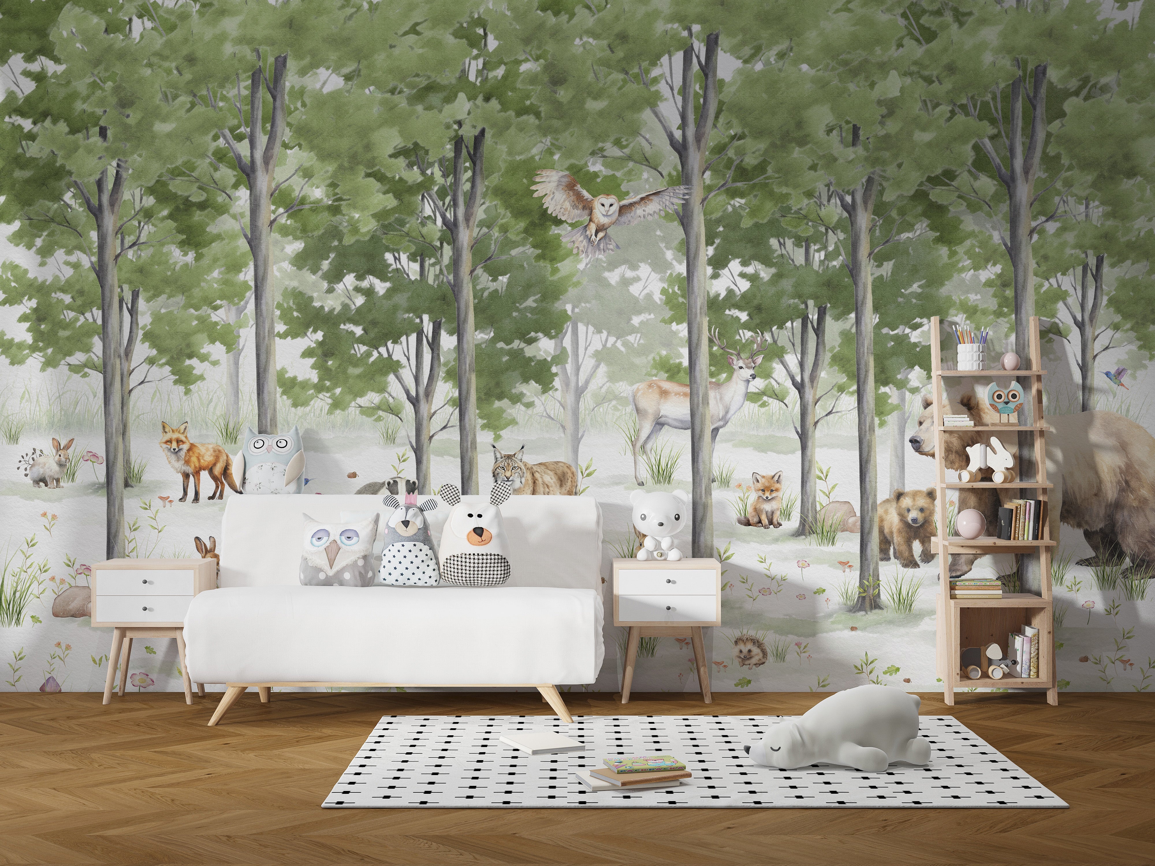 Peaceful Forest Wildlife Wall Mural for a tranquil atmosphere