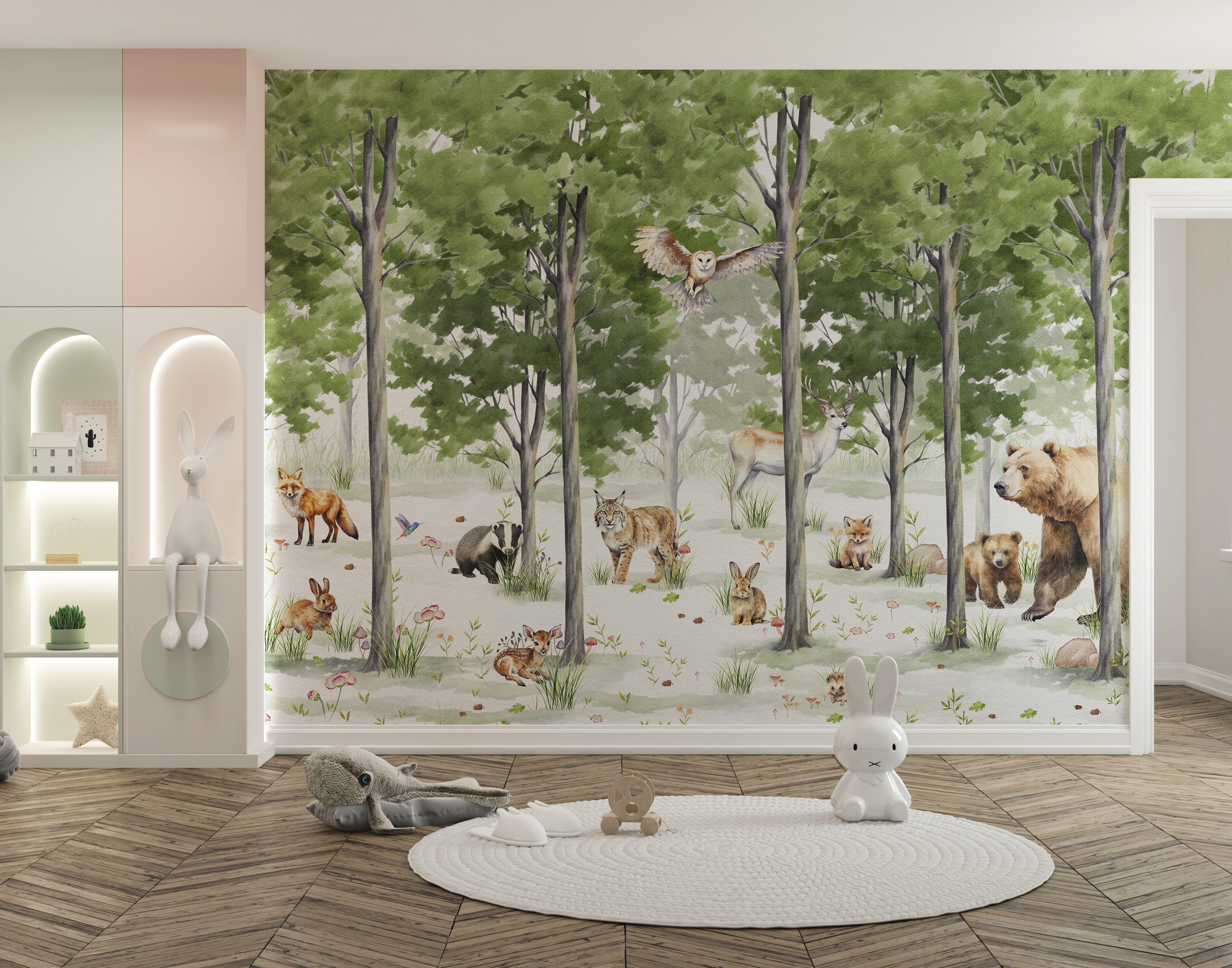 Peaceful Forest Wildlife Wall Mural with gentle forest creatures