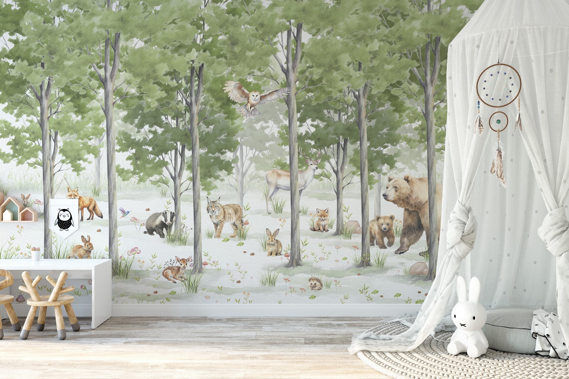 Peaceful Forest Wildlife Wall Mural for a calm woodland scene