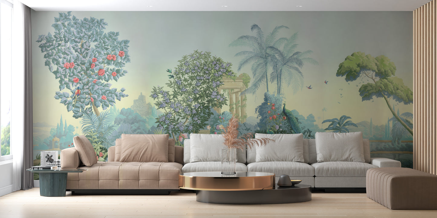 Exotic Botanical Wall Mural with rich, green foliage