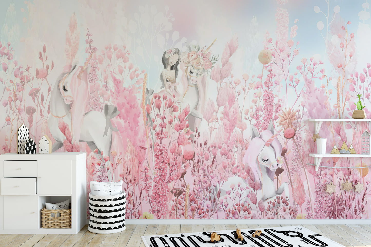 Add charm with Pink Blossom Unicorn Wallpaper Mural