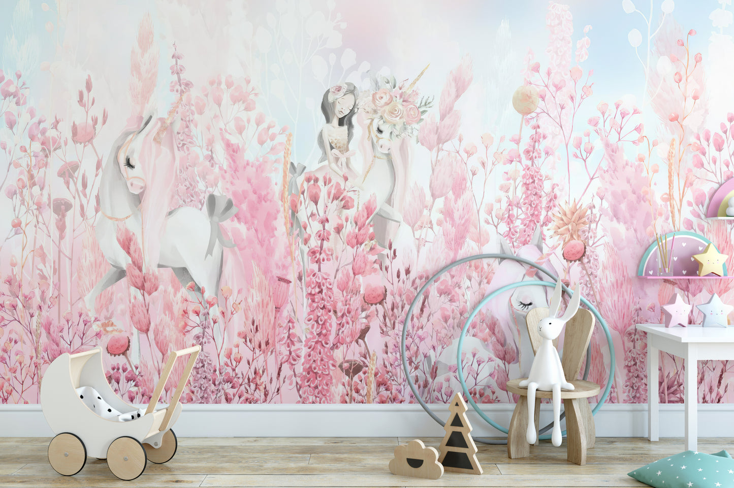 Pink Blossom Unicorn Wallpaper Mural in pastel tones