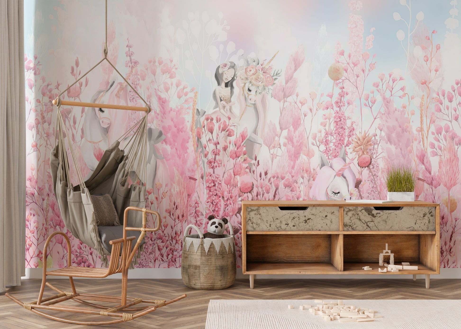 Beautiful Pink Blossom Unicorn Wallpaper Mural design