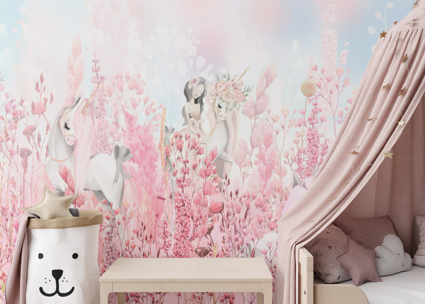 Soft Pink Blossom Unicorn Wallpaper Mural for walls